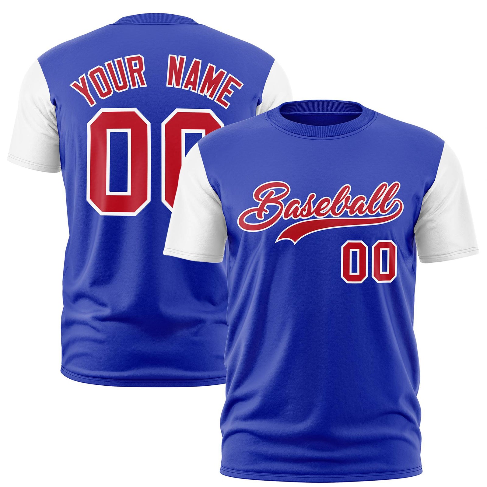 Custom Royal Blue White Red Crew Neck Personalized Raglan Sleeve Performance T-shirt