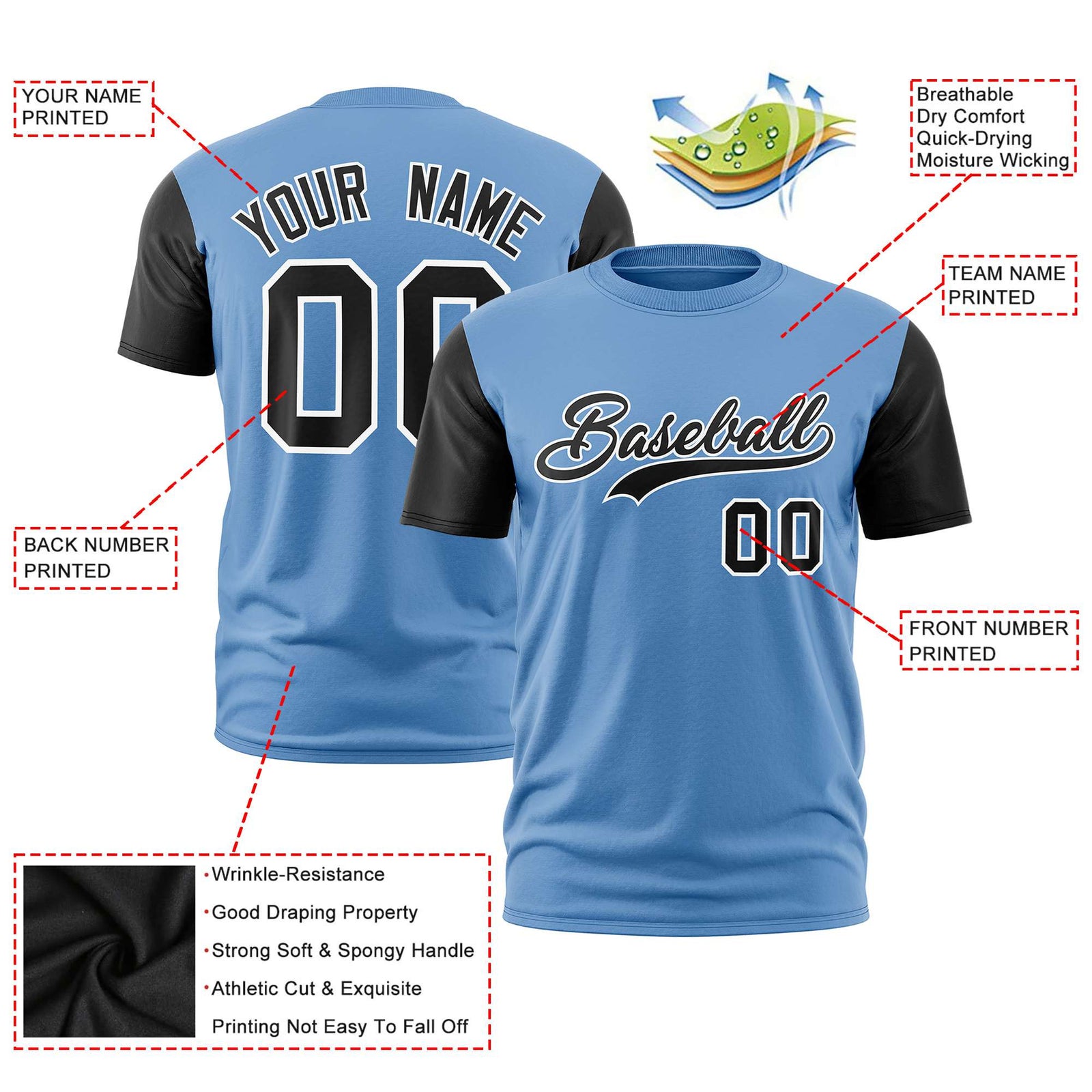 Custom Light Blue Black White Crew Neck Personalized Raglan Sleeve Performance T-shirt
