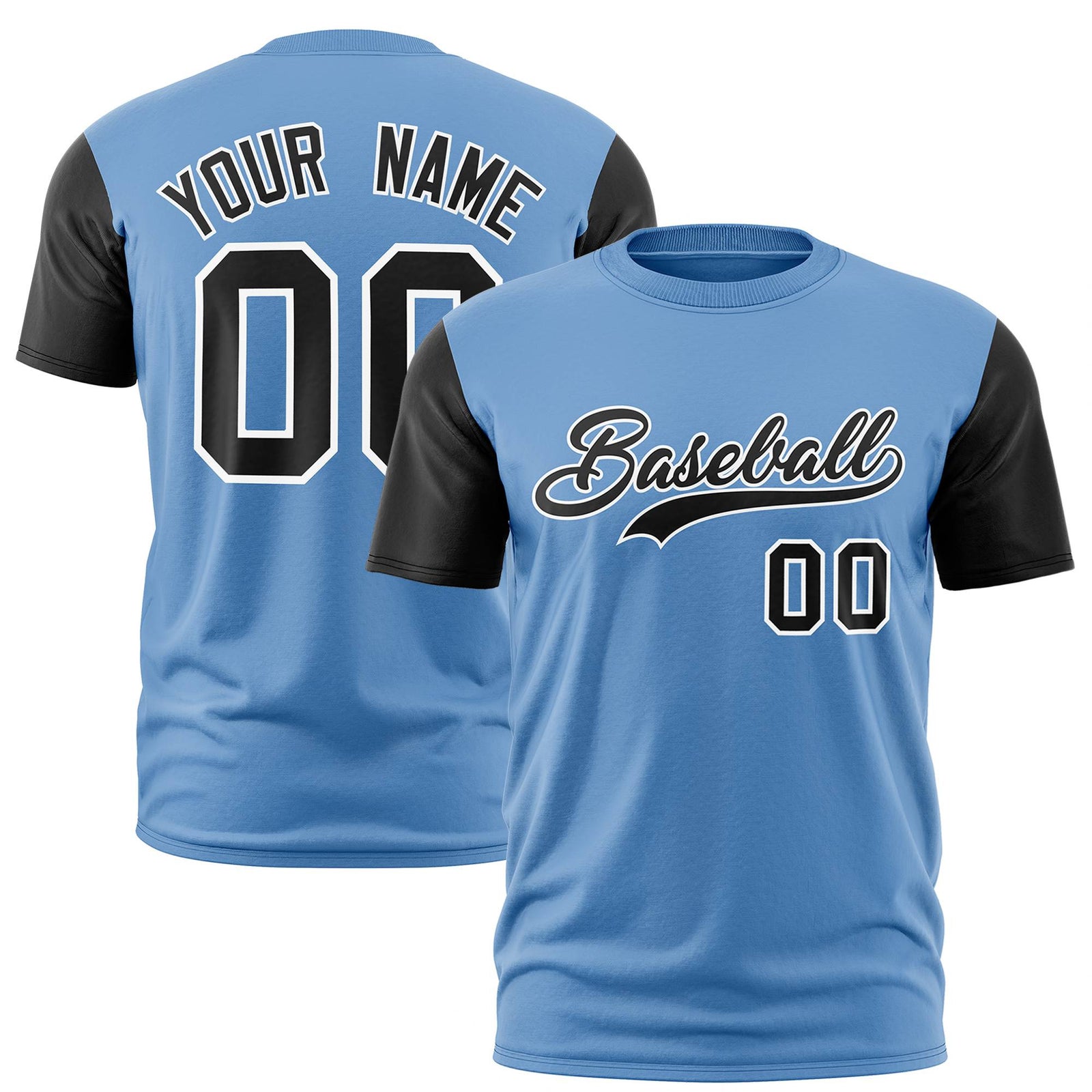 Custom Light Blue Black White Crew Neck Personalized Raglan Sleeve Performance T-shirt