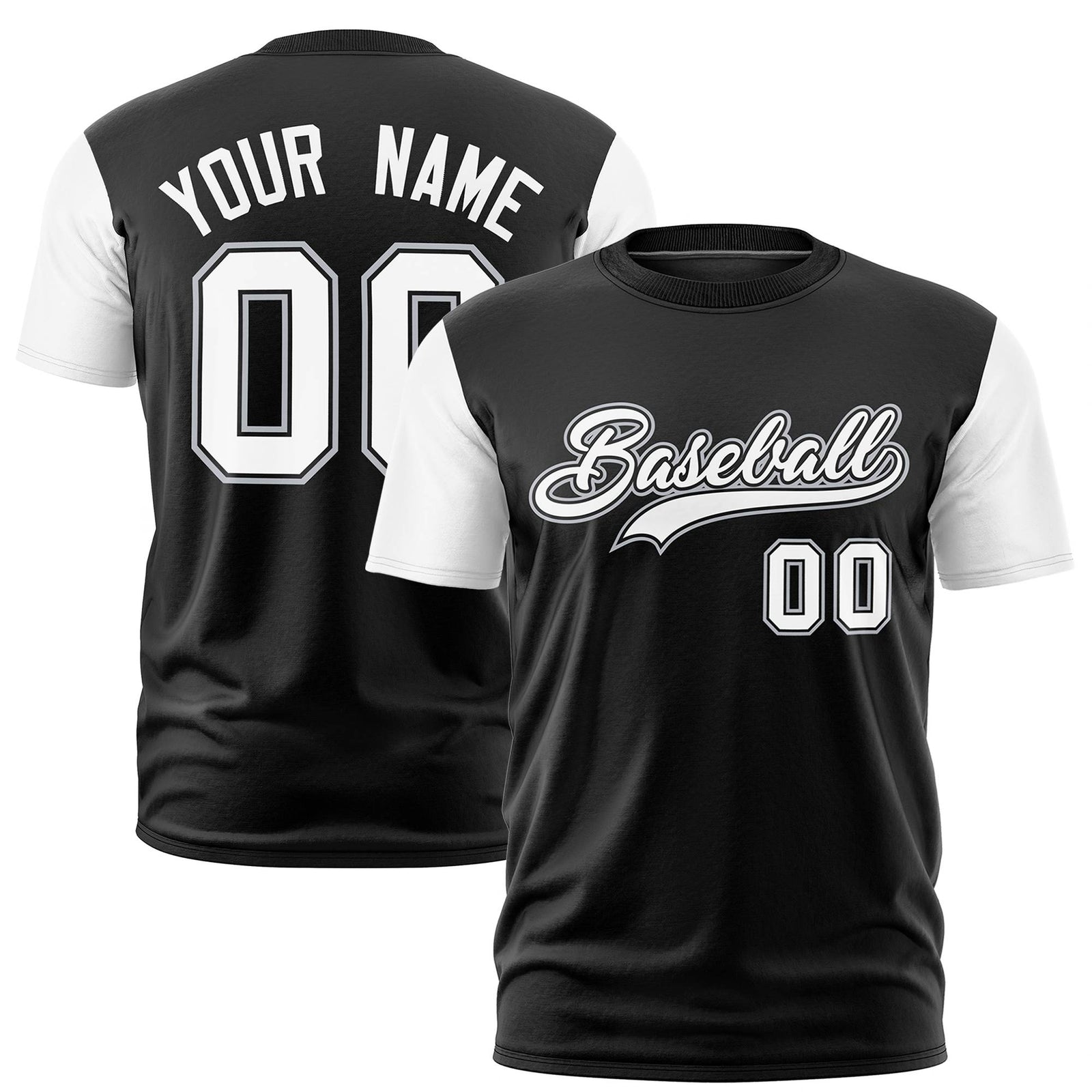 Custom Black White Crew Neck Personalized Raglan Sleeve Performance T-shirt