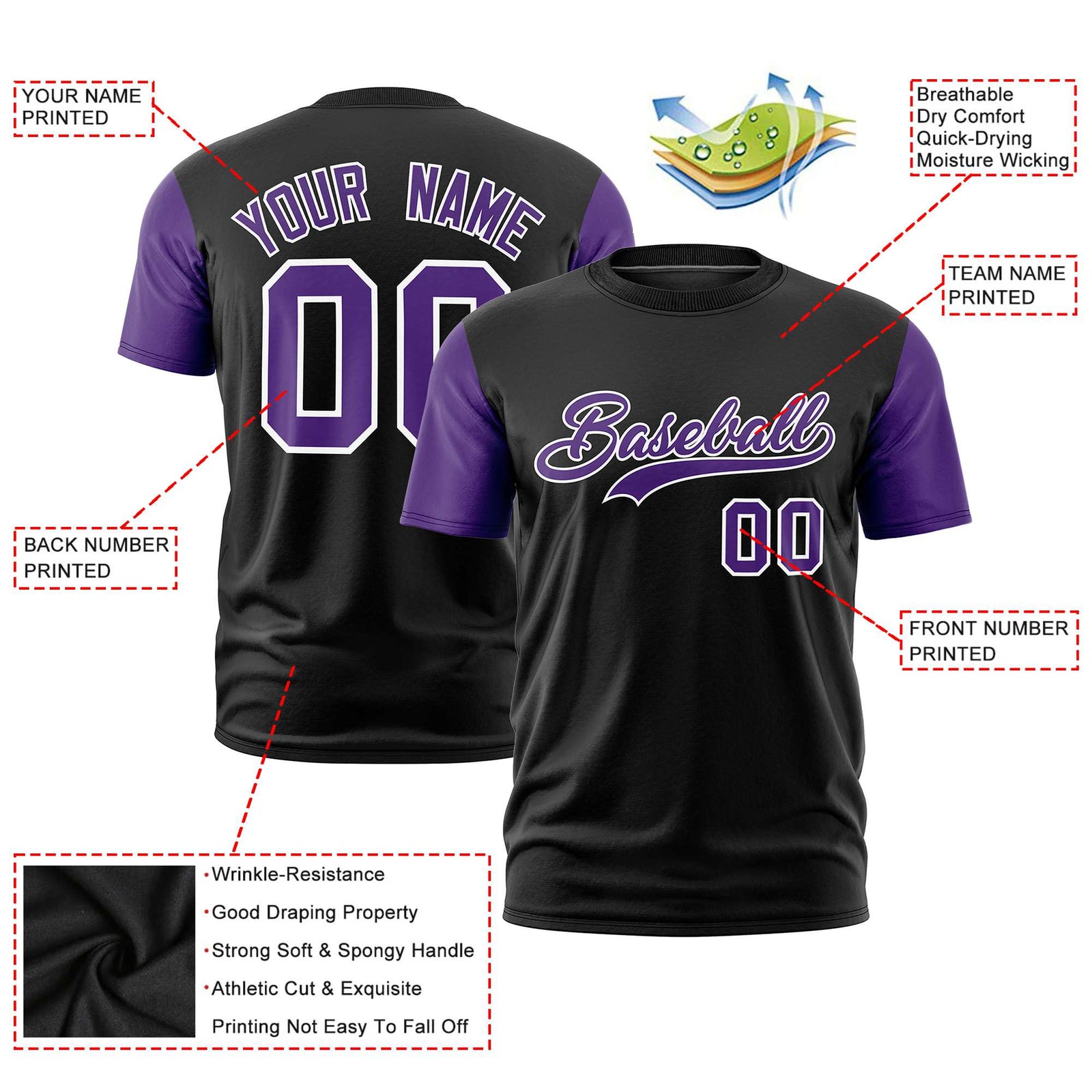 Custom Black Purple White Crew Neck Personalized Raglan Sleeve Performance T-shirt