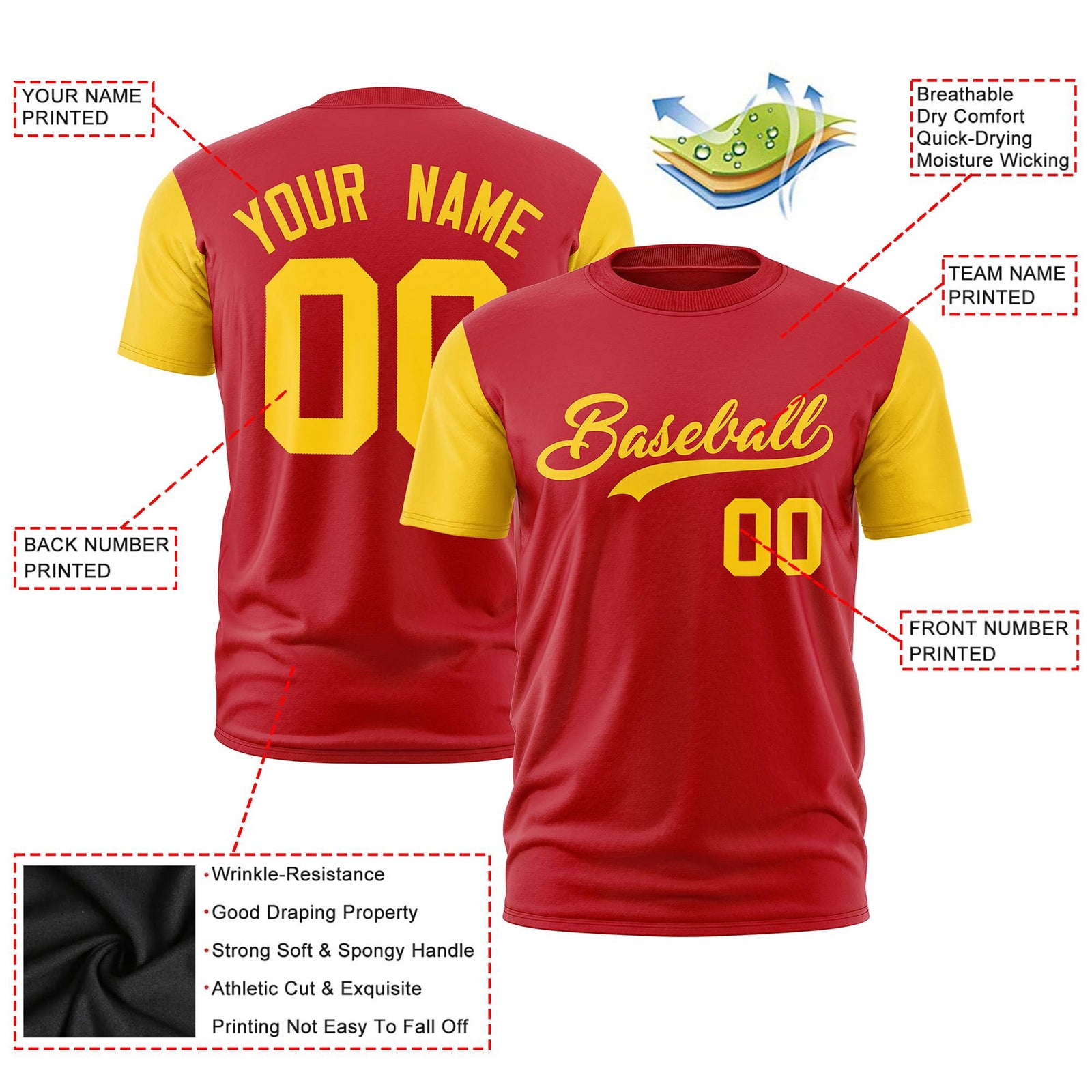 Custom Red Yellow Crew Neck Personalized Raglan Sleeve Performance T-shirt