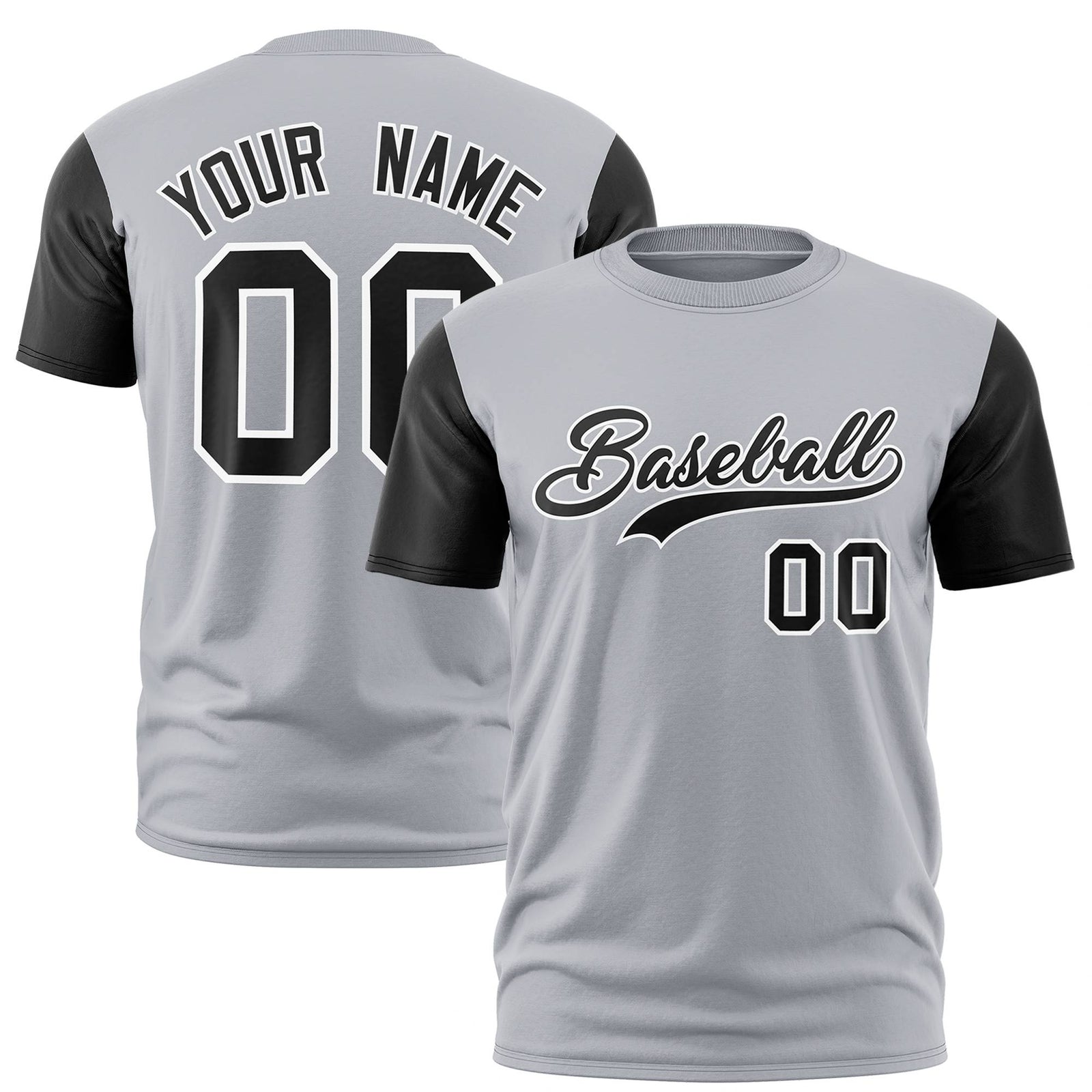 Custom Gray Black Crew Neck Personalized Raglan Sleeve Performance T-shirt