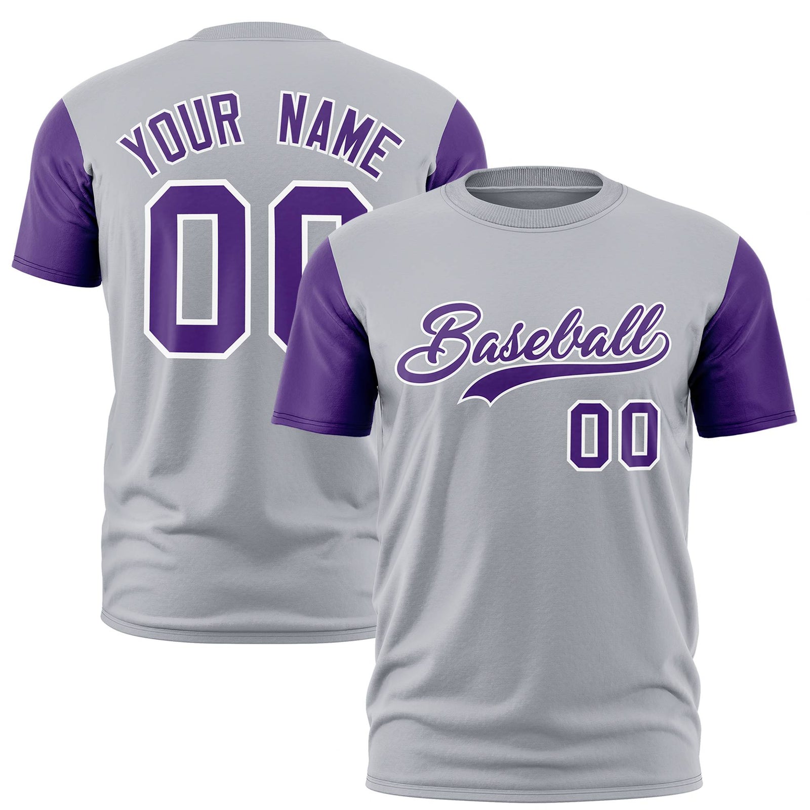 Custom Gray Purple White Crew Neck Personalized Raglan Sleeve Performance T-shirt