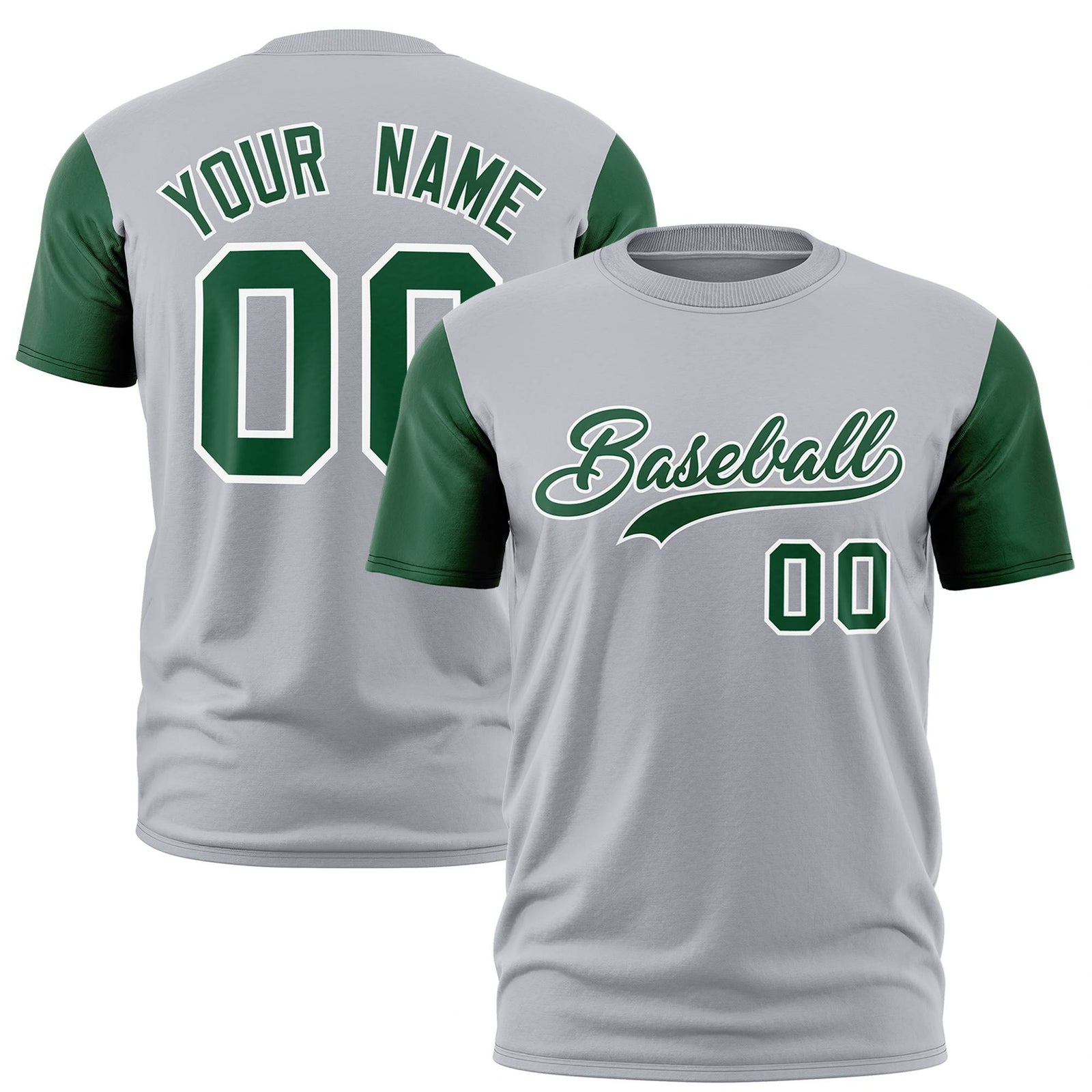 Custom Gray Kelly Green White Crew Neck Personalized Raglan Sleeve Performance T-shirt