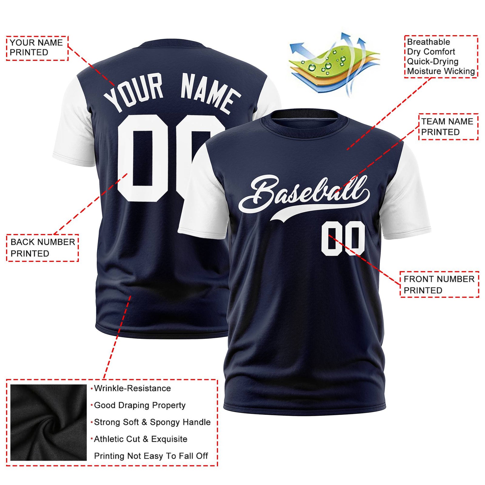 Custom Navy White Crew Neck Personalized Raglan Sleeve Performance T-shirt