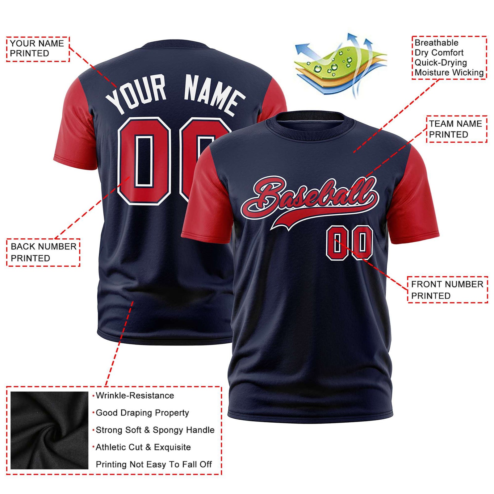 Custom Navy Red White Crew Neck Personalized Raglan Sleeve Performance T-shirt