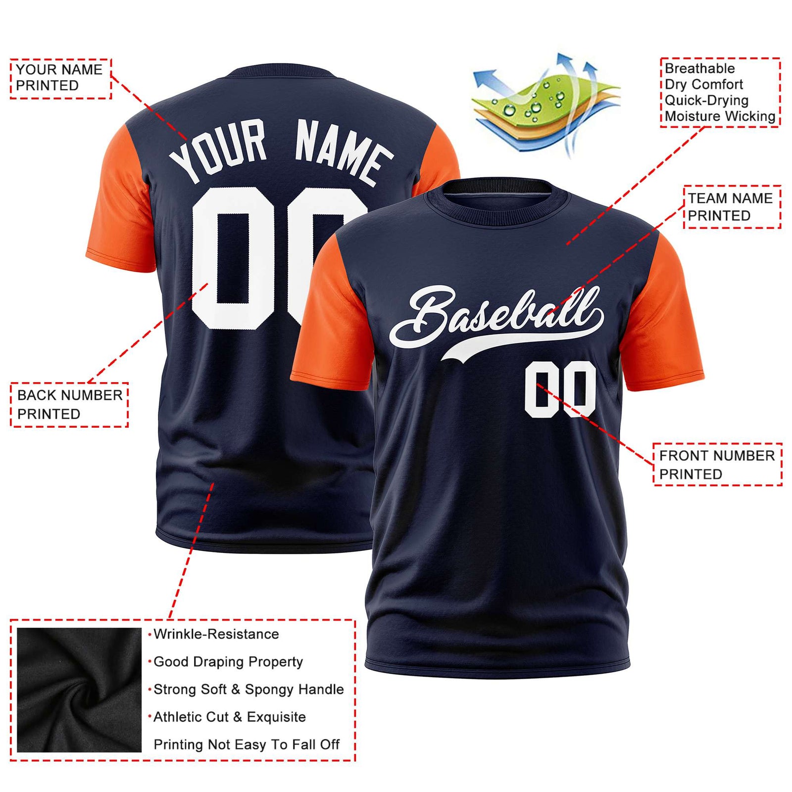Custom Navy Orange White Crew Neck Personalized Raglan Sleeve Performance T-shirt