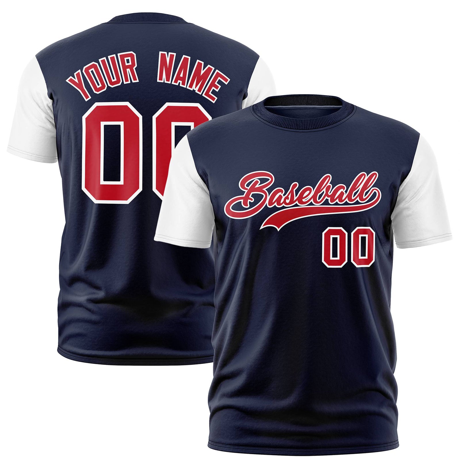 Custom Navy White Red Crew Neck Personalized Raglan Sleeve Performance T-shirt