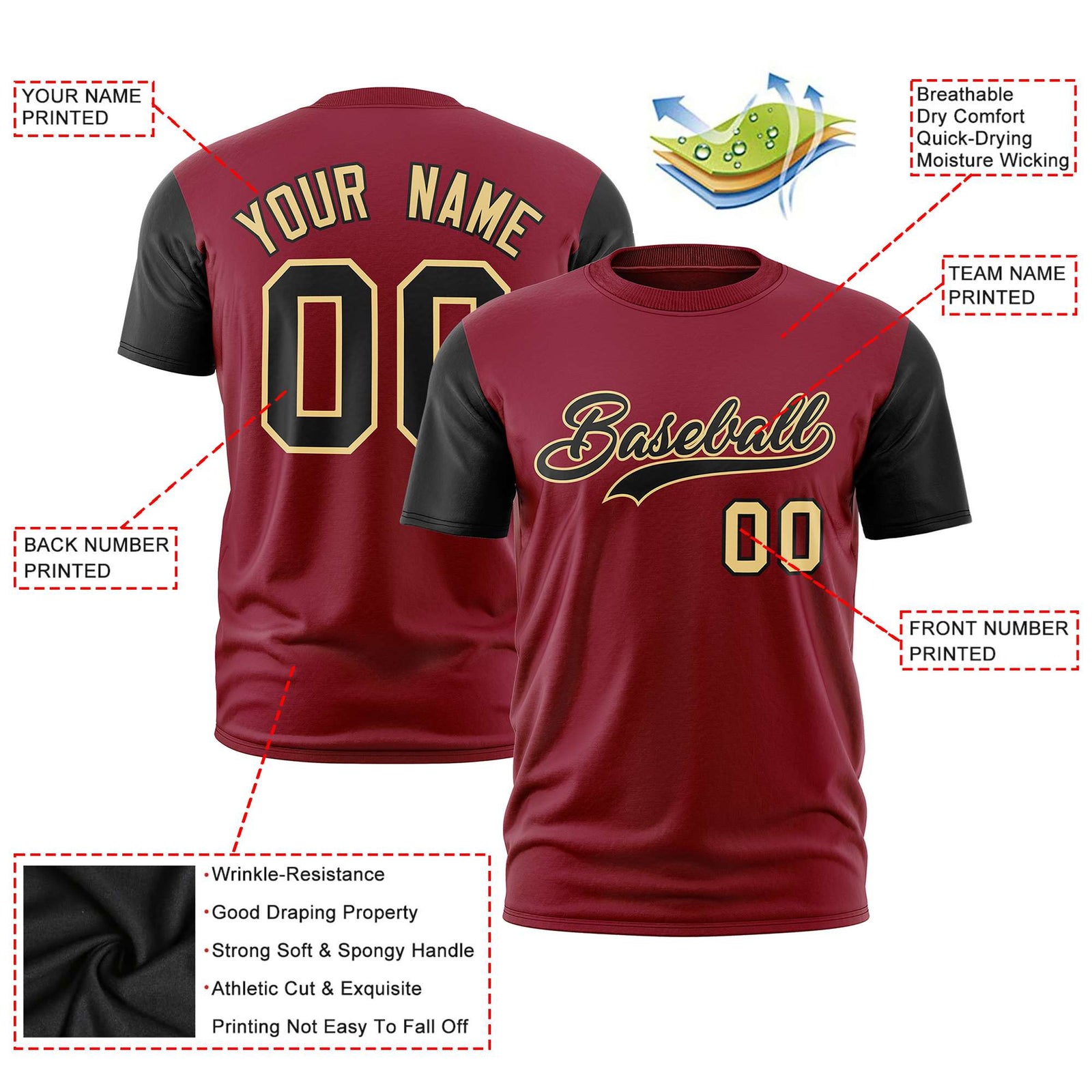Custom Crimson Black Old Gold White Crew Neck Personalized Raglan Sleeve Performance T-shirt