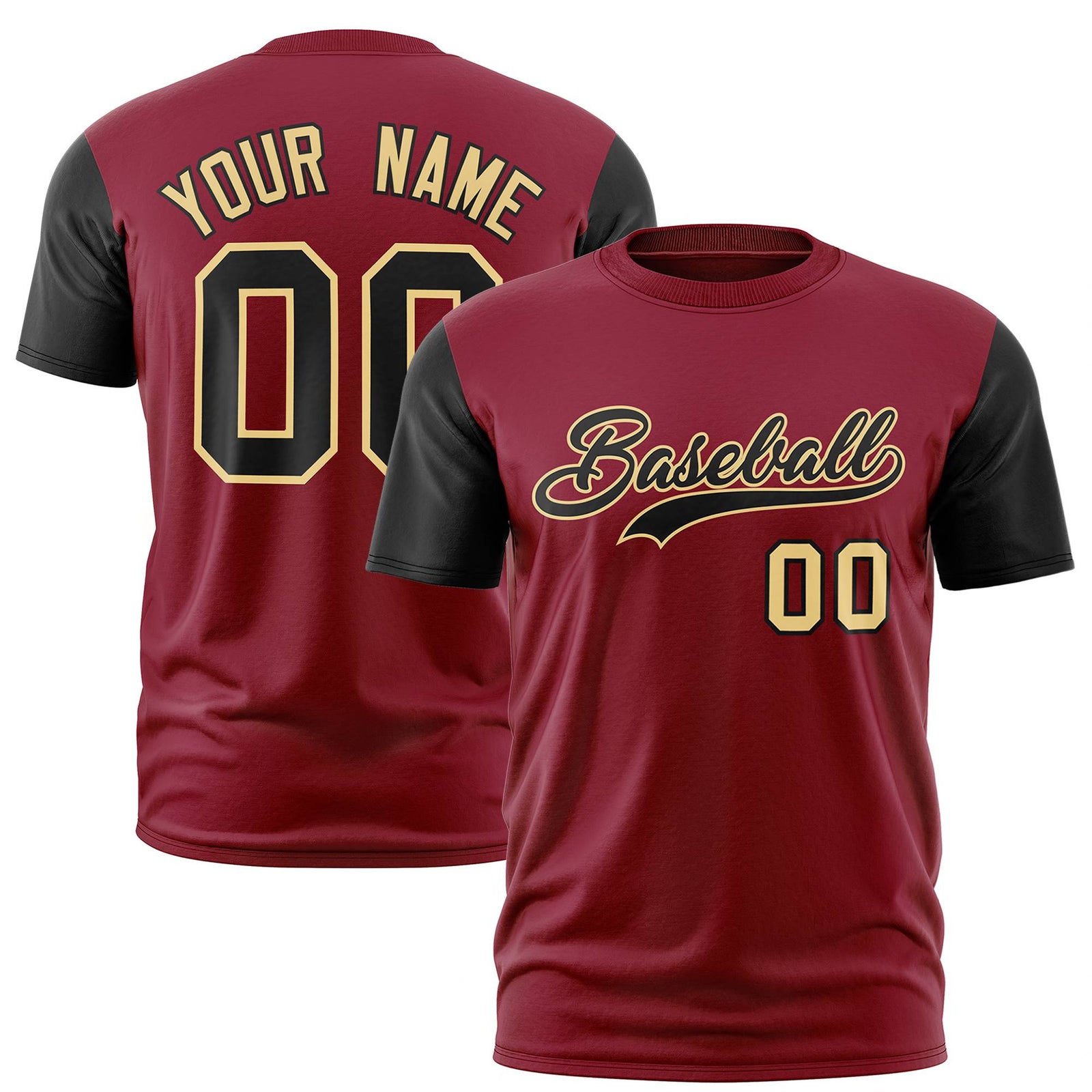 Custom Crimson Black Old Gold White Crew Neck Personalized Raglan Sleeve Performance T-shirt