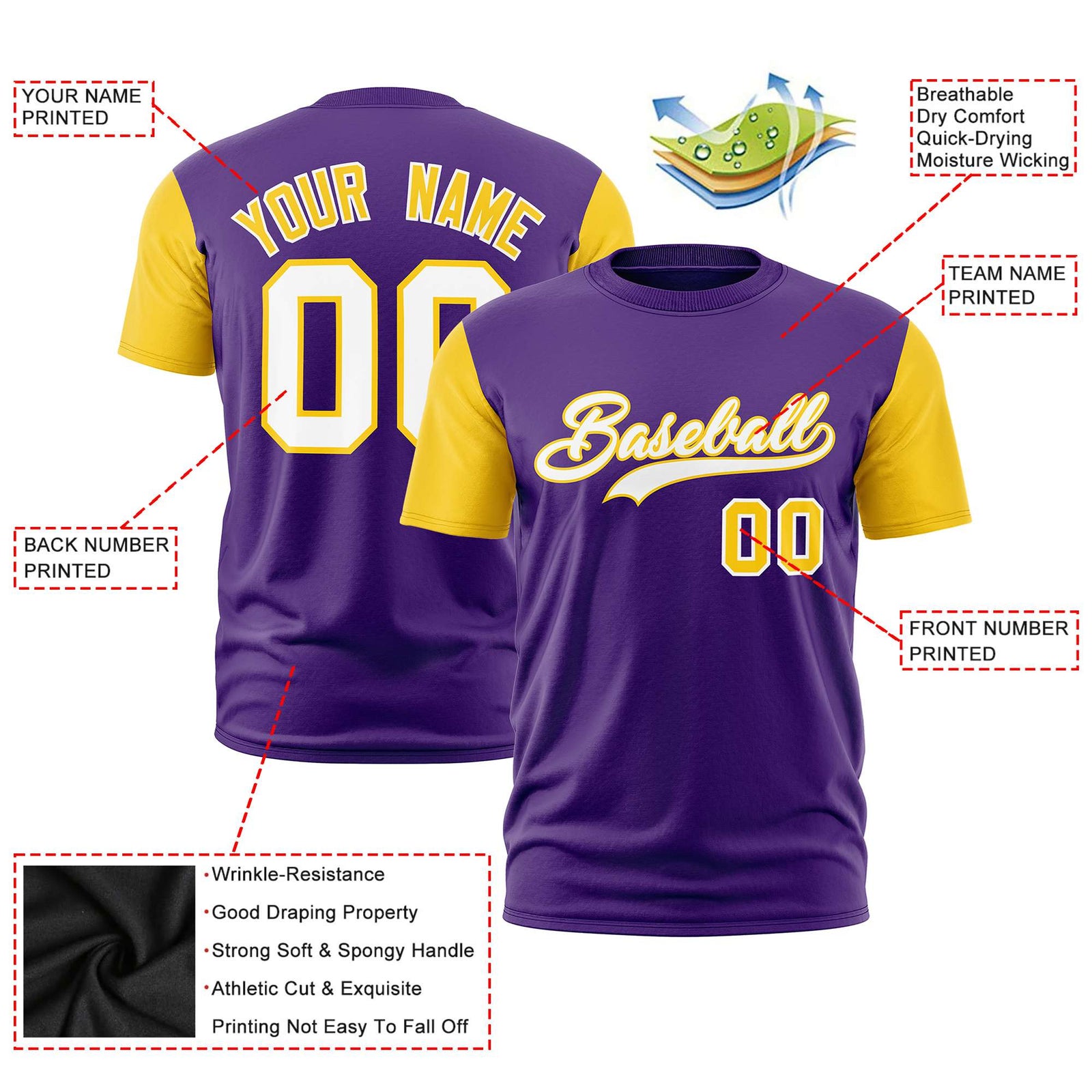 Custom Purple Gold01 White White Crew Neck Personalized Raglan Sleeve Performance T-shirt