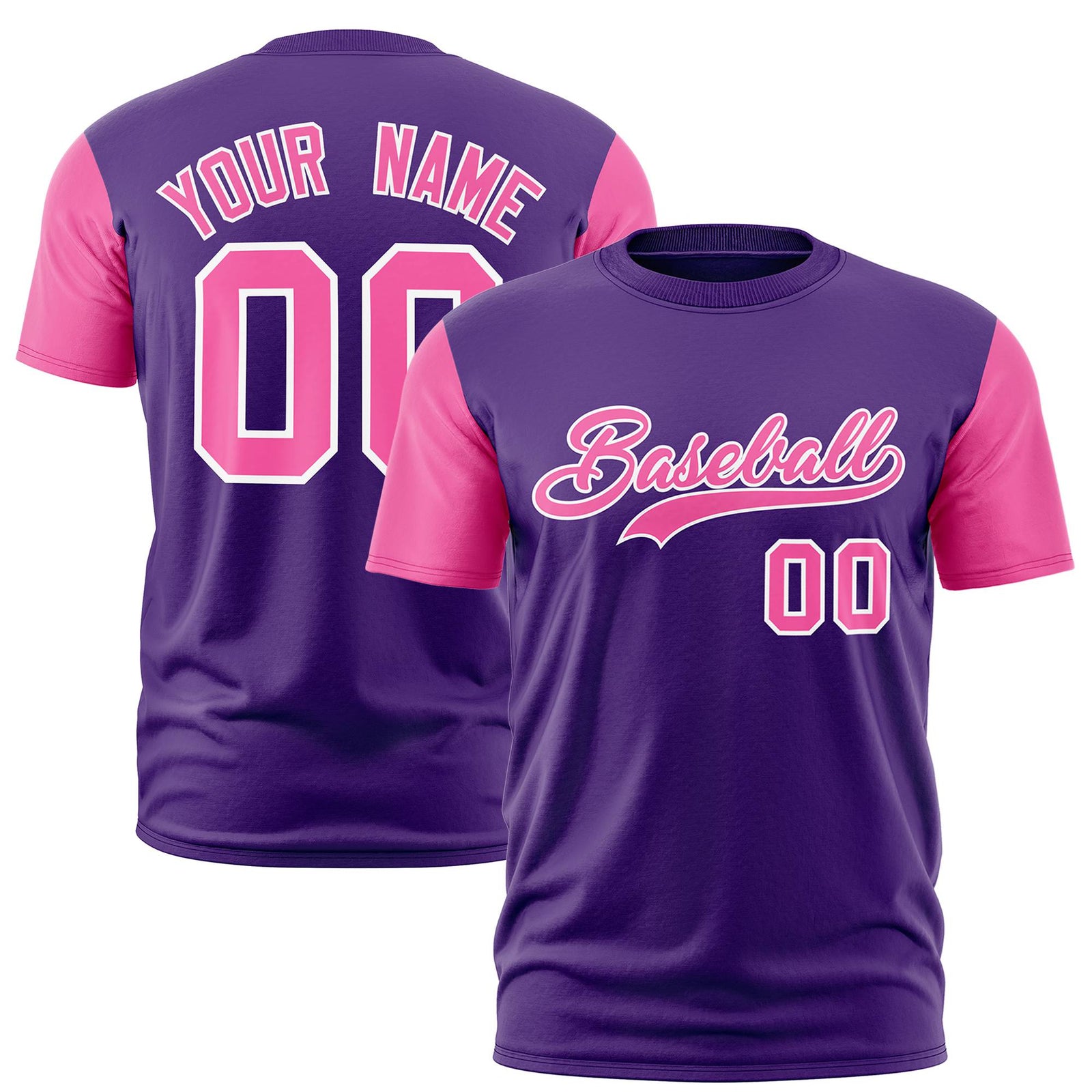 Custom Purple Pink White Crew Neck Personalized Raglan Sleeve Performance T-shirt