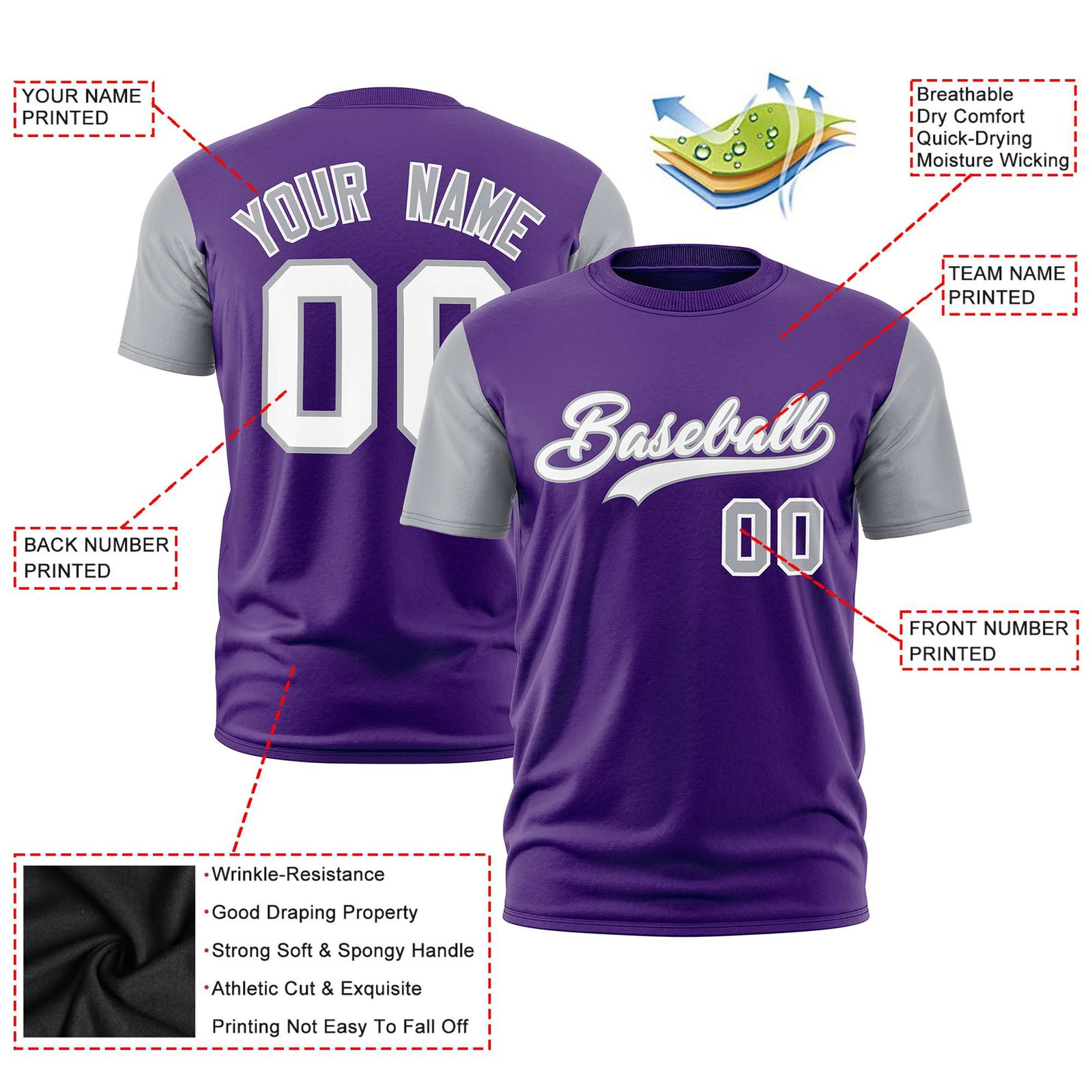 Custom Purple Gray White Crew Neck Personalized Raglan Sleeve Performance T-shirt