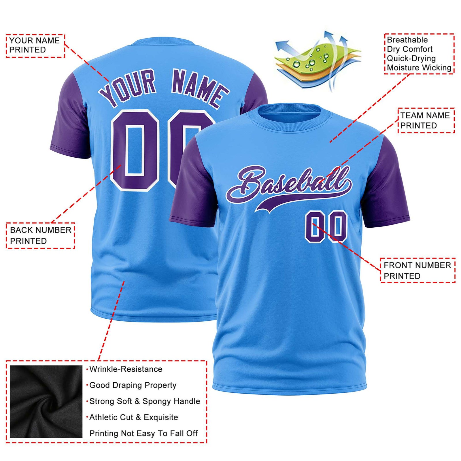 Custom Powder Blue Purple White Crew Neck Personalized Raglan Sleeve Performance T-shirt