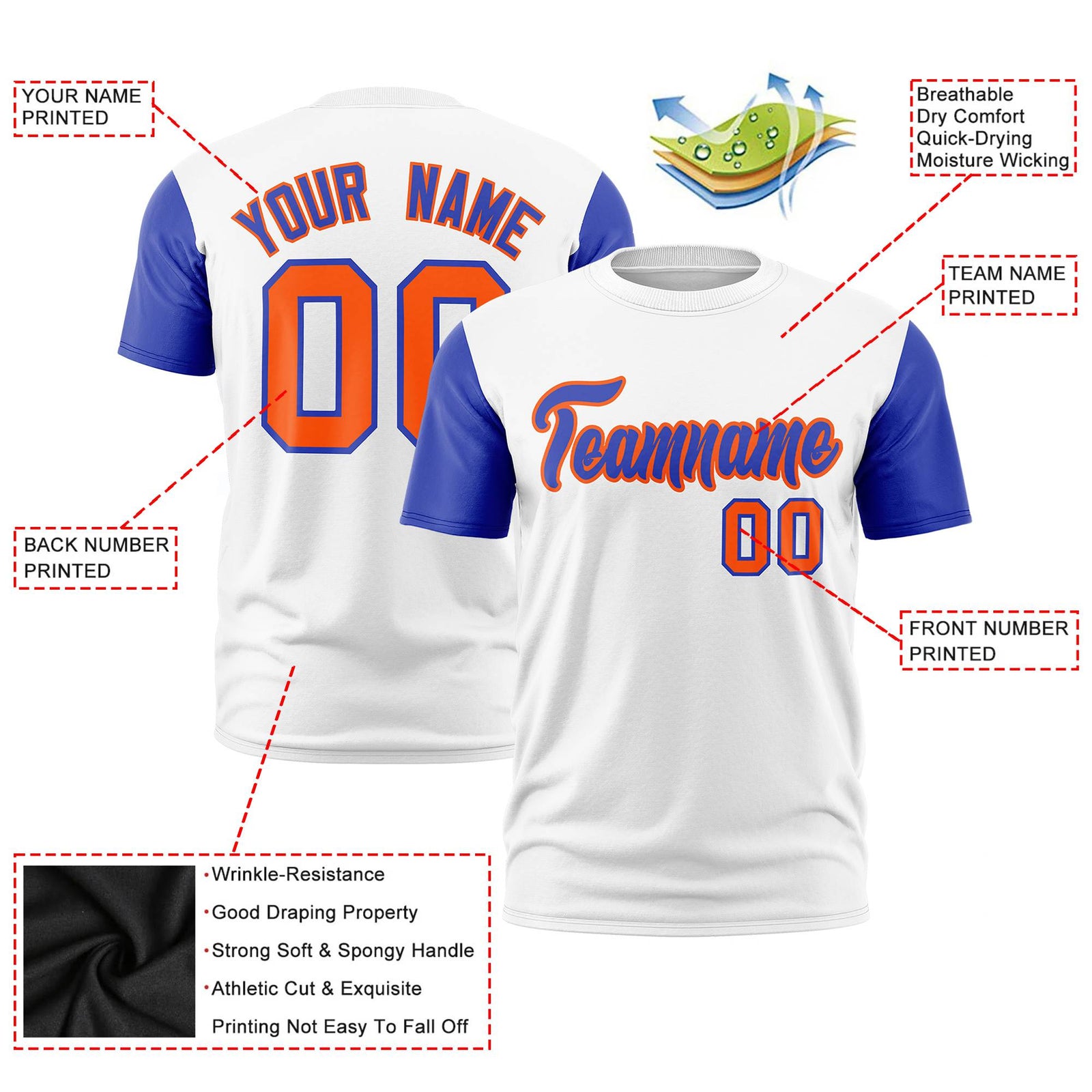 Custom White Royal Blue Orange Crew Neck Personalized Raglan Sleeve Performance T-shirt