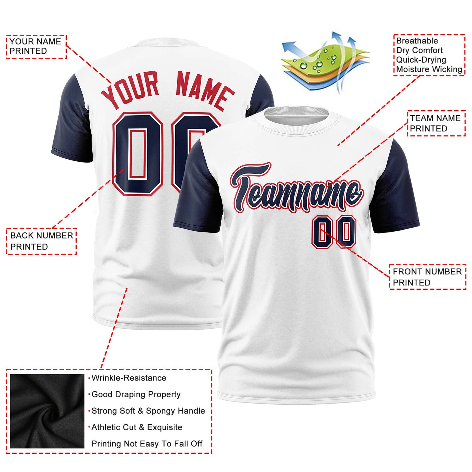 Custom White Navy Red Crew Neck Personalized Raglan Sleeve Performance T-shirt