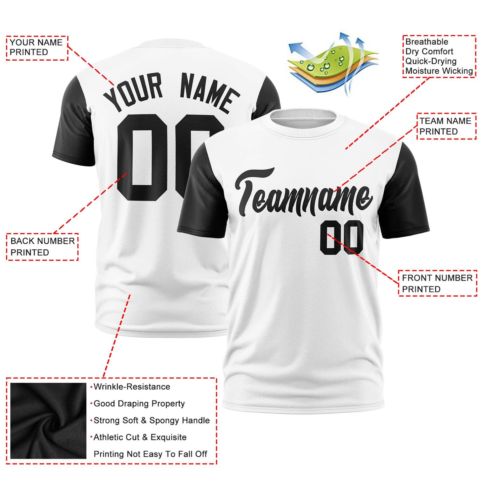 Custom White Black Crew Neck Personalized Raglan Sleeve Performance T-shirt