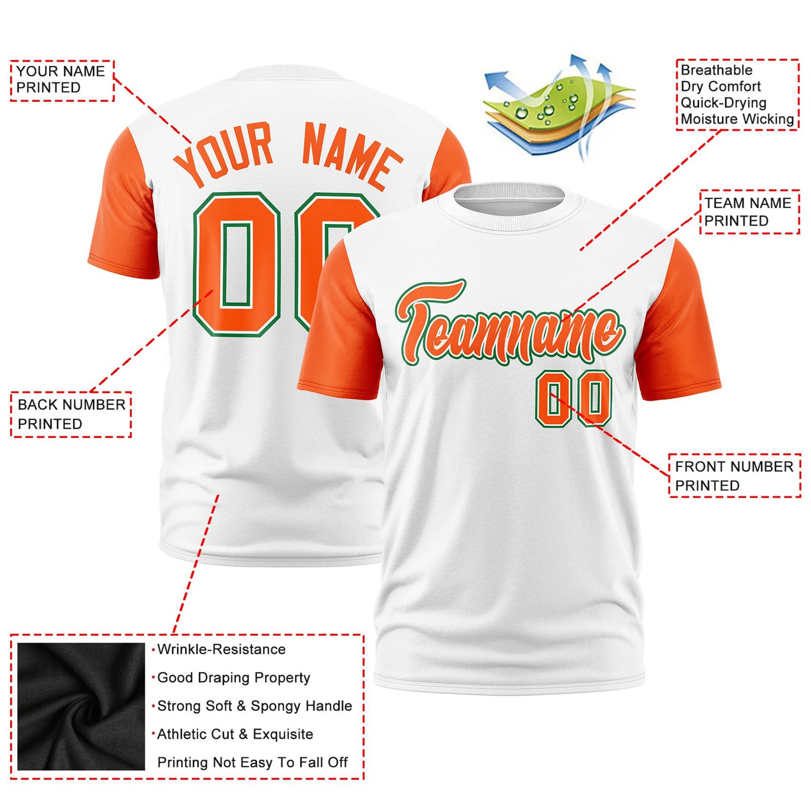 Custom White Orange Bright Green Crew Neck Personalized Raglan Sleeve Performance T-shirt