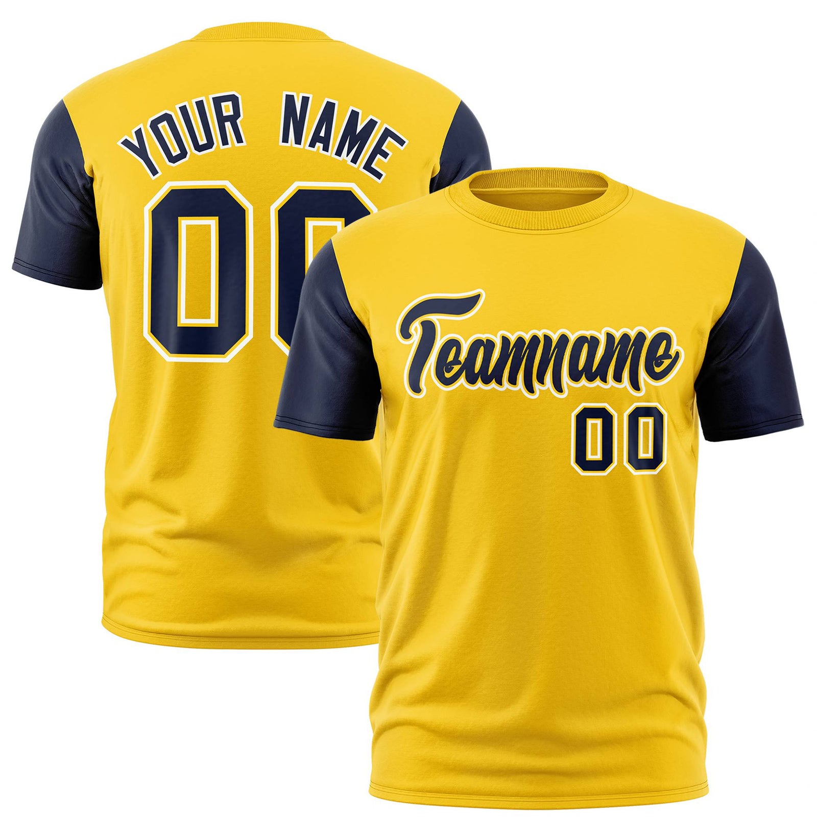 Custom Yellow Navy White Crew Neck Personalized Raglan Sleeve Performance T-shirt
