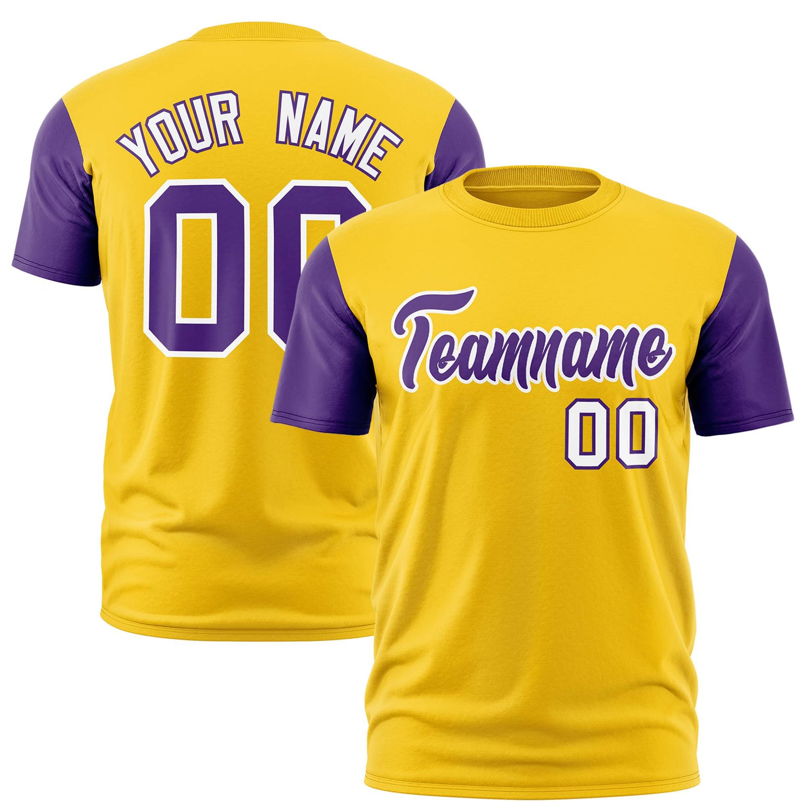 Custom Yellow Purple White Crew Neck Personalized Raglan Sleeve Performance T-shirt