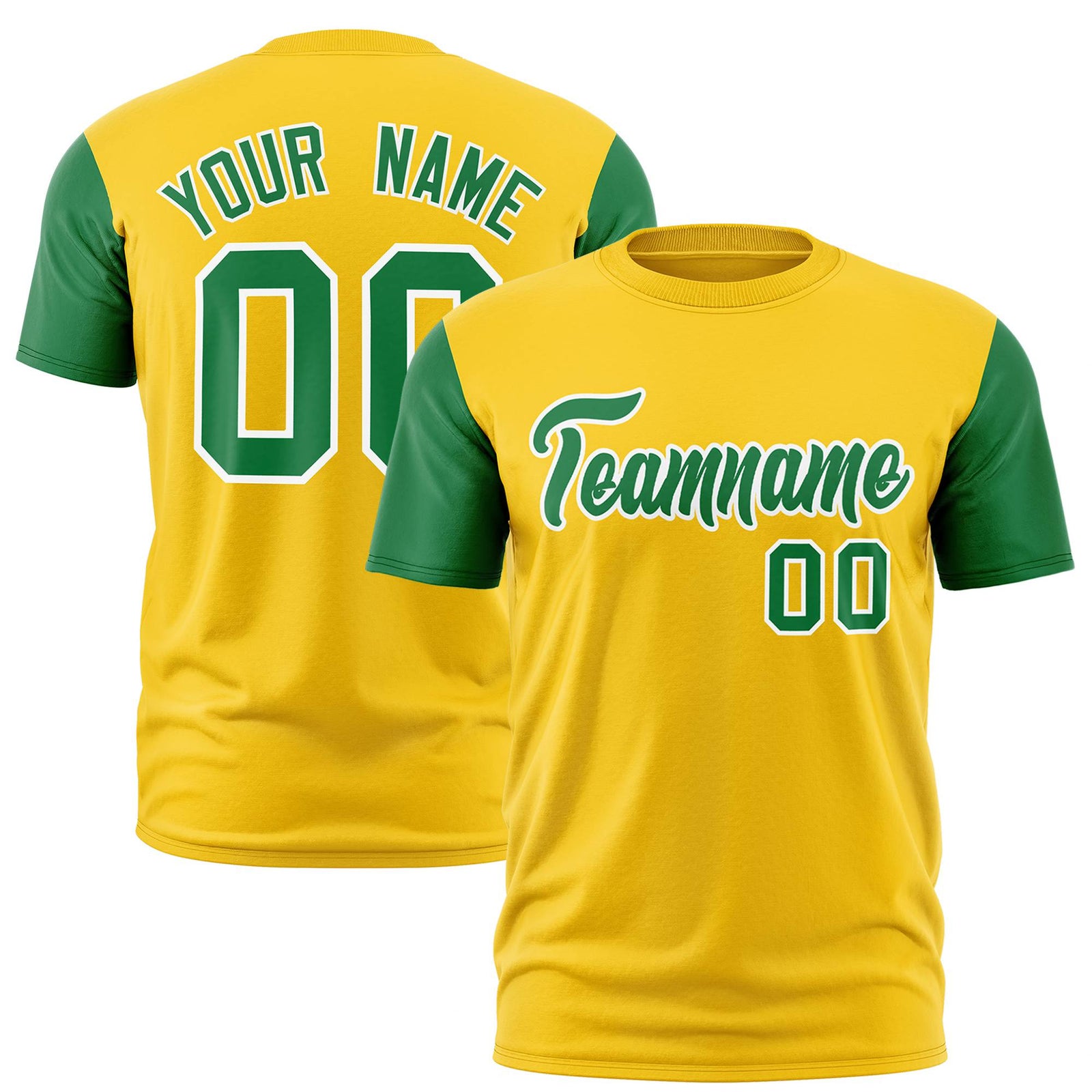 Custom Yellow Kelly Green White Crew Neck Personalized Raglan Sleeve Performance T-shirt