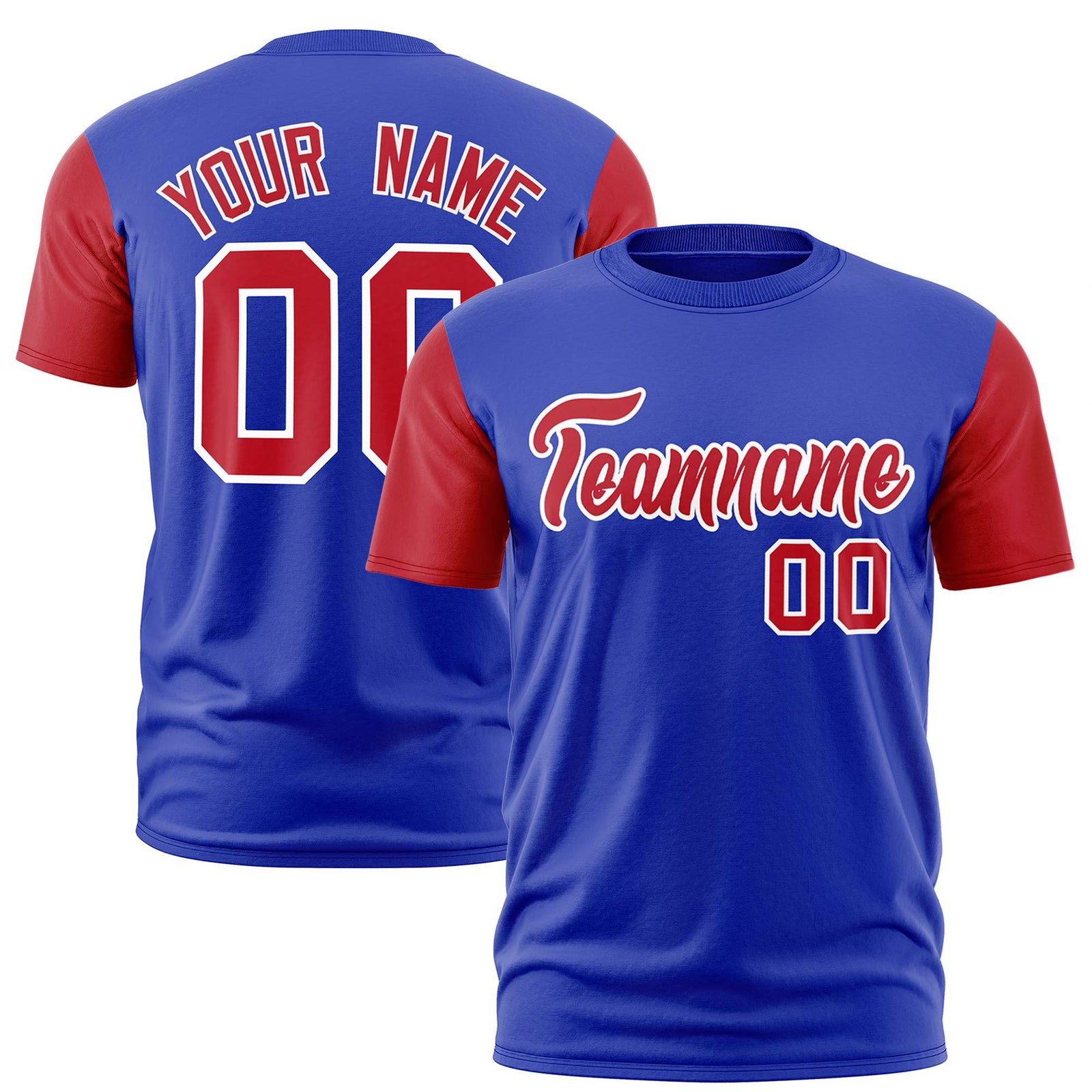 Custom Royal Blue Red White Crew Neck Personalized Raglan Sleeve Performance T-shirt