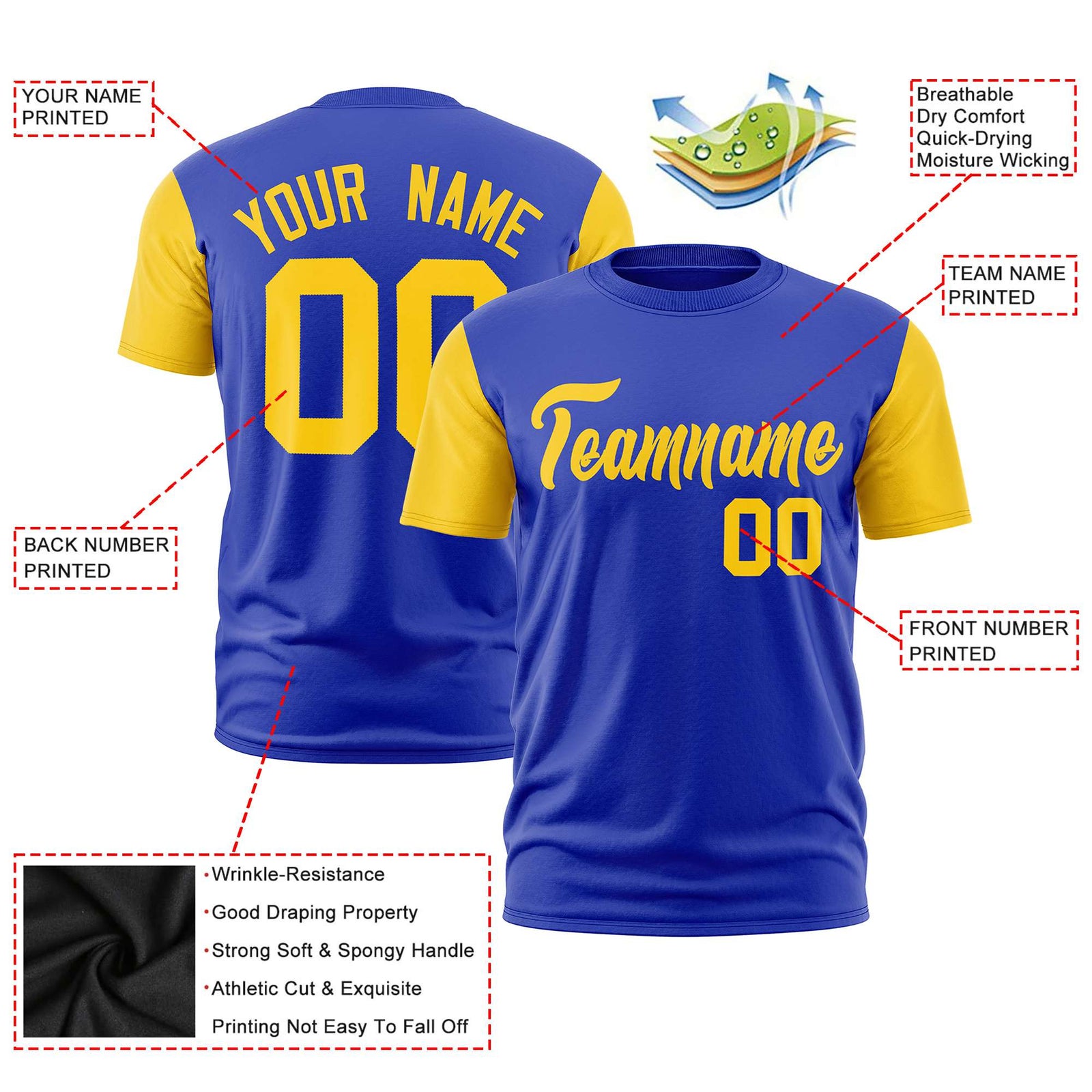 Custom Royal Blue Gold01 Crew Neck Personalized Raglan Sleeve Performance T-shirt