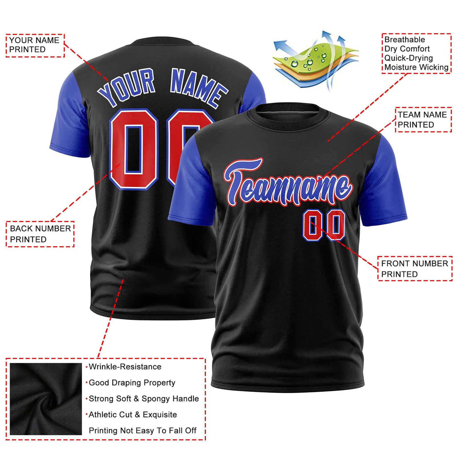 Custom Black Royal Blue Red Crew Neck Personalized Raglan Sleeve Performance T-shirt