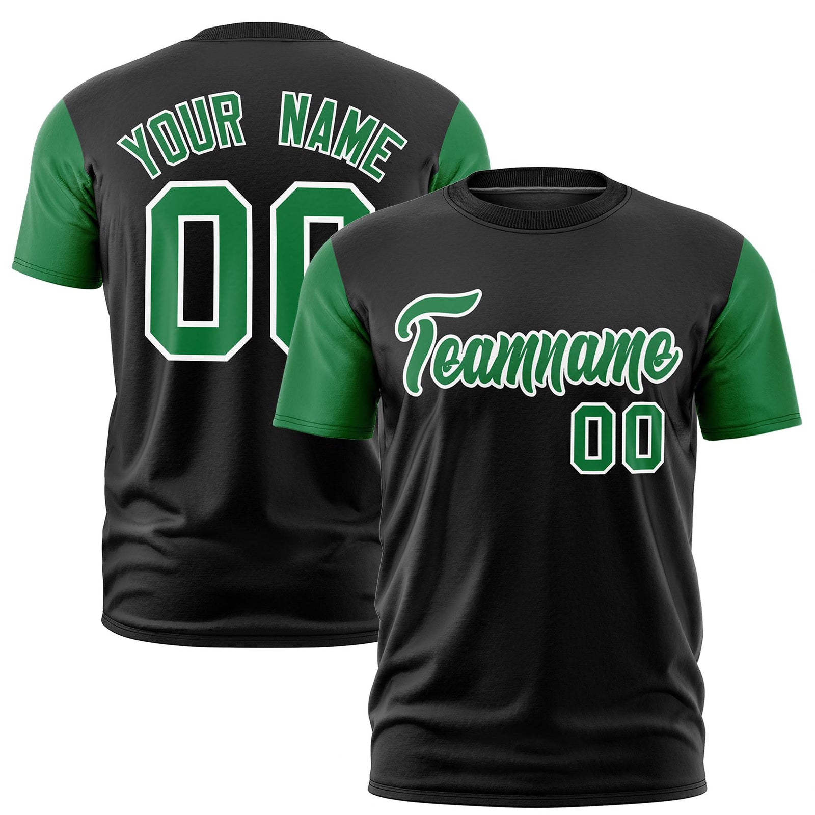Custom Black Kelly Green White Crew Neck Personalized Raglan Sleeve Performance T-shirt