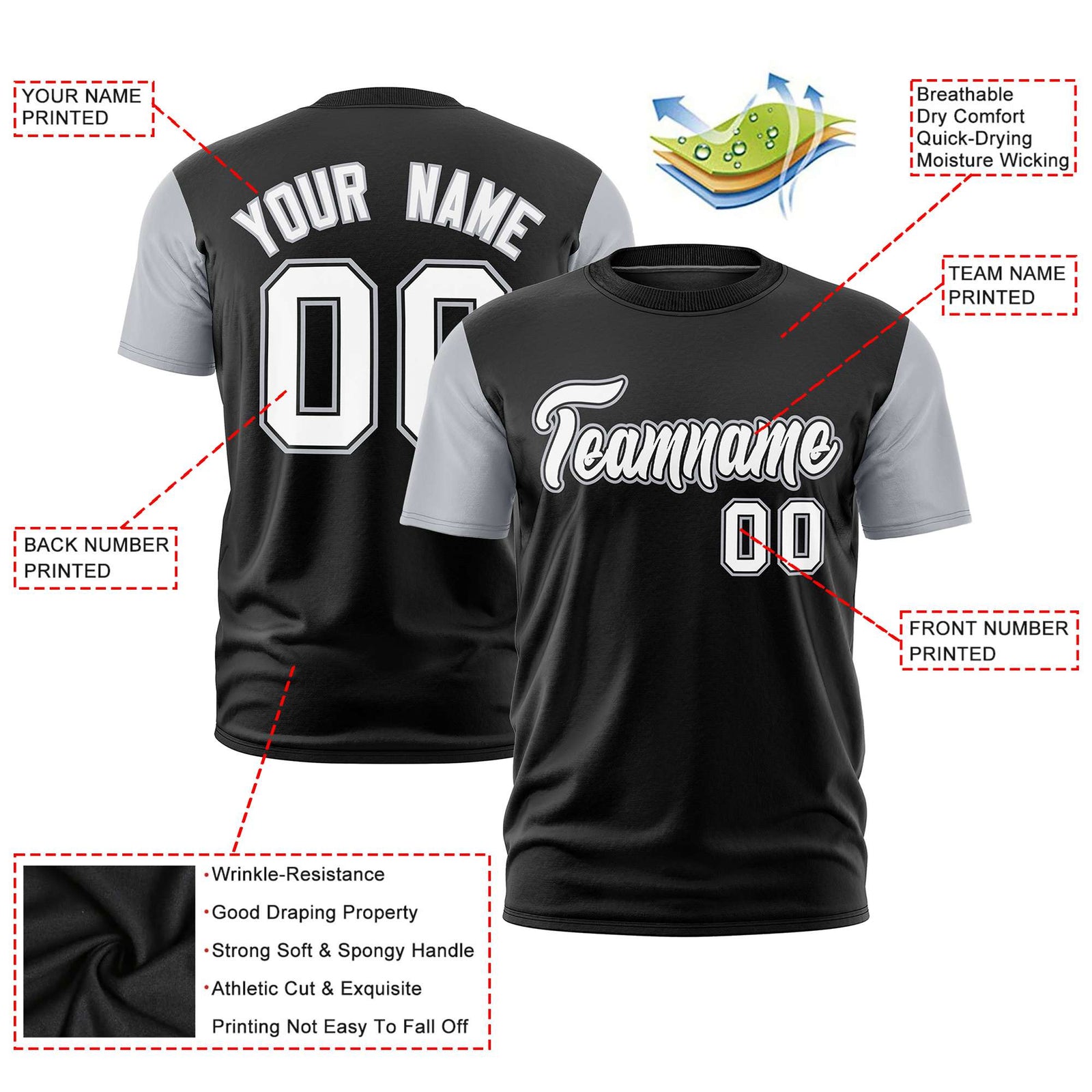 Custom Black Gray White Crew Neck Personalized Raglan Sleeve Performance T-shirt
