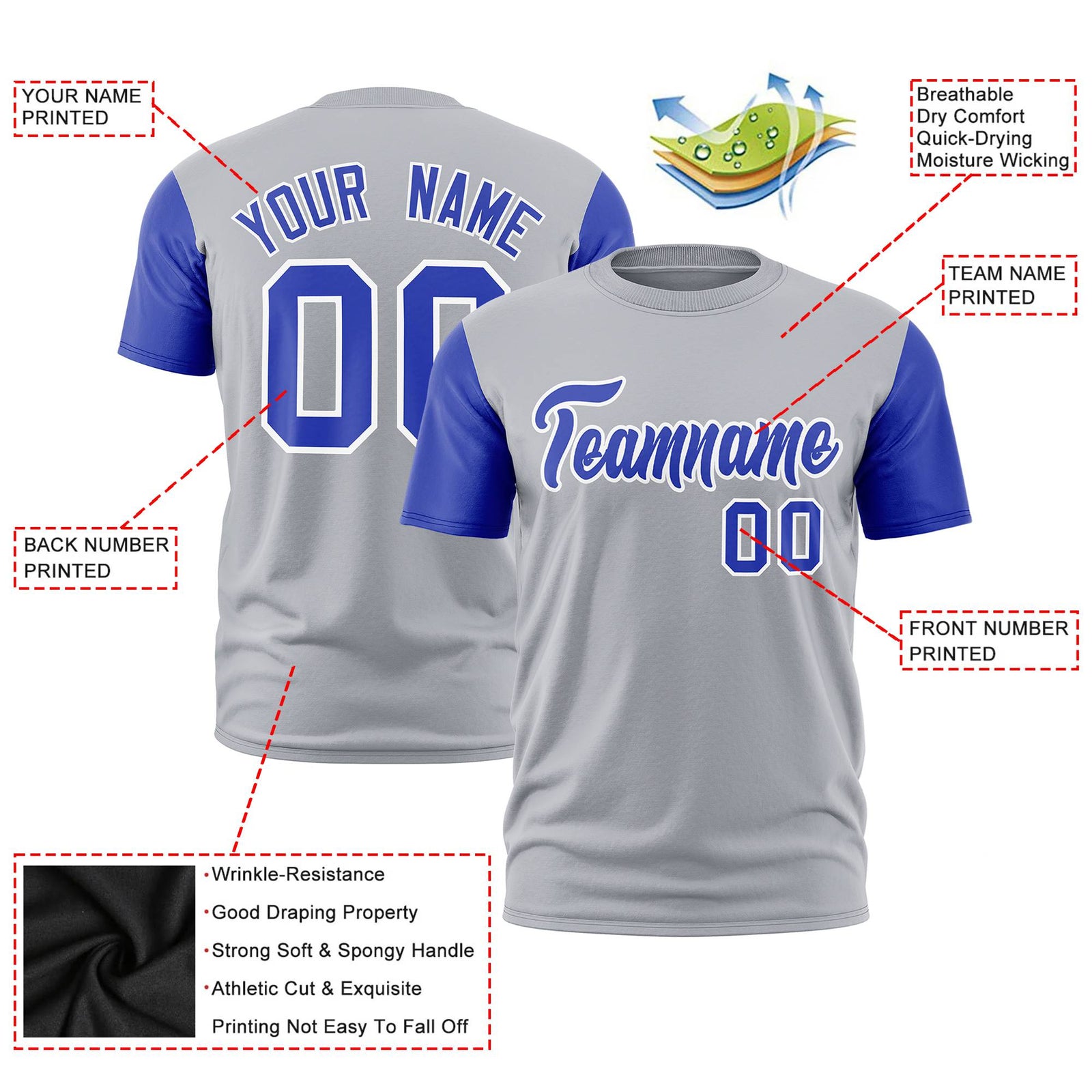 Custom Gray Royal Blue White Crew Neck Personalized Raglan Sleeve Performance T-shirt