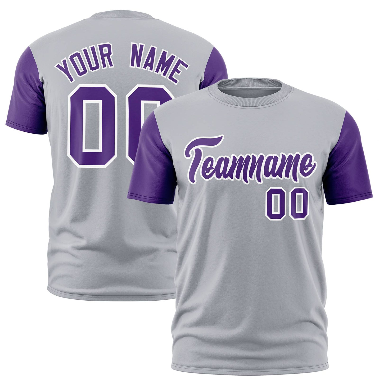Custom Gray Purple White Crew Neck Personalized Raglan Sleeve Performance T-shirt