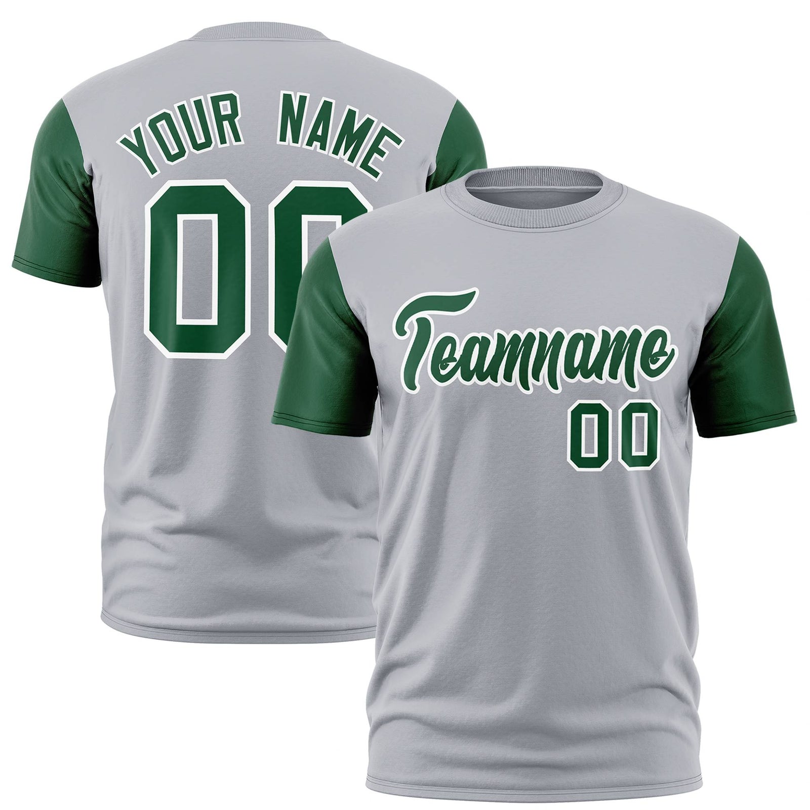 Custom Gray Kelly Green White Crew Neck Personalized Raglan Sleeve Performance T-shirt