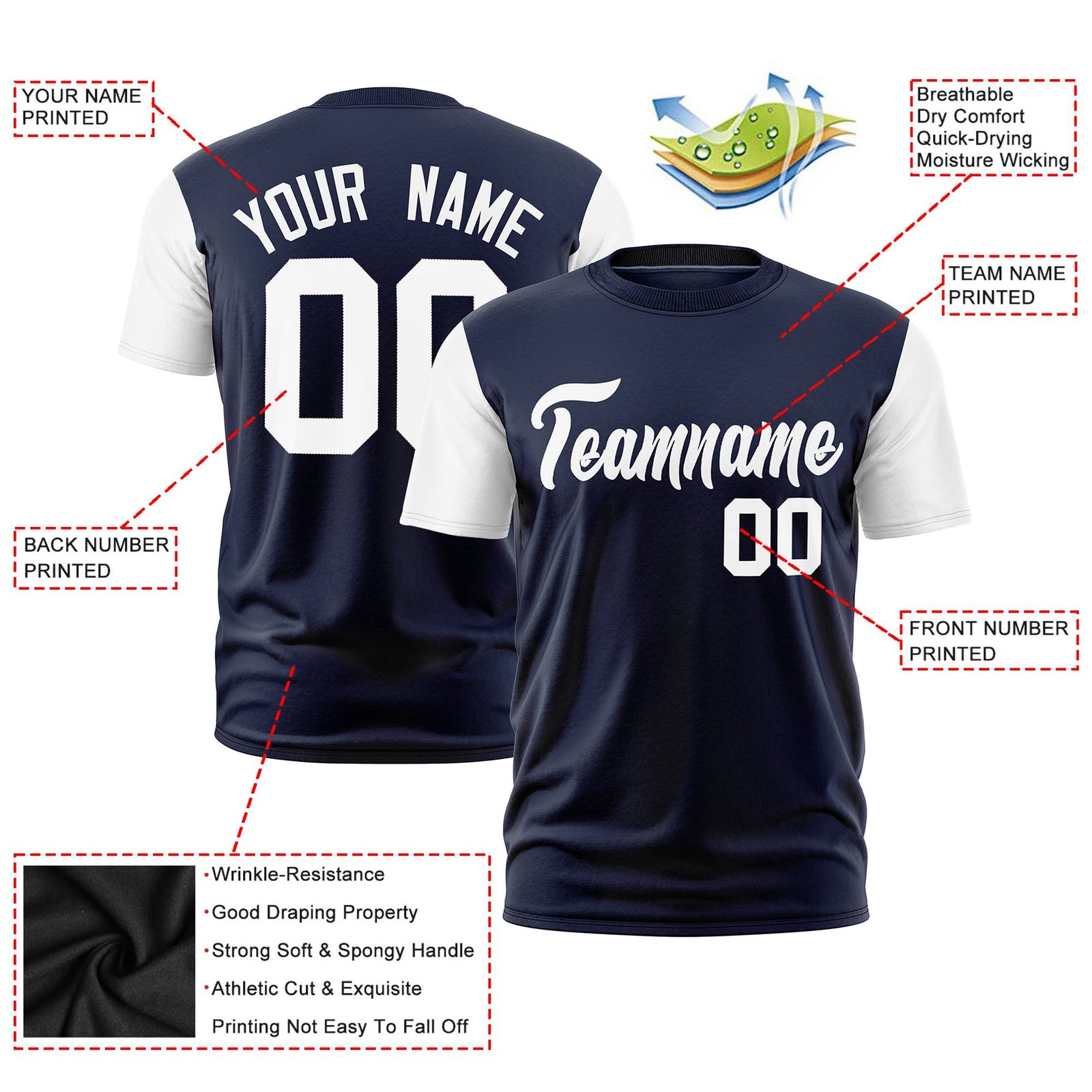 Custom Navy White Crew Neck Personalized Raglan Sleeve Performance T-shirt