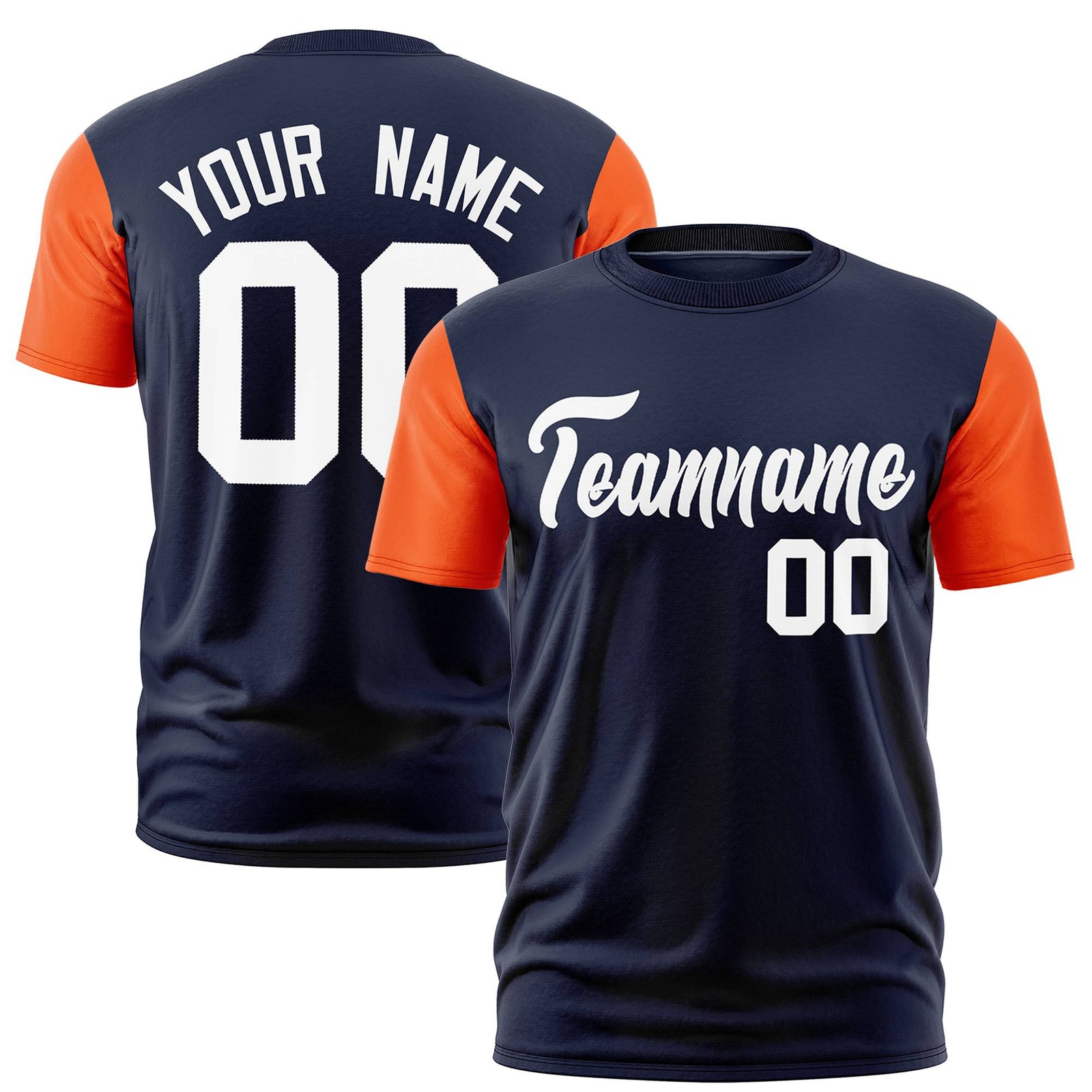 Custom Navy Orange White Crew Neck Personalized Raglan Sleeve Performance T-shirt