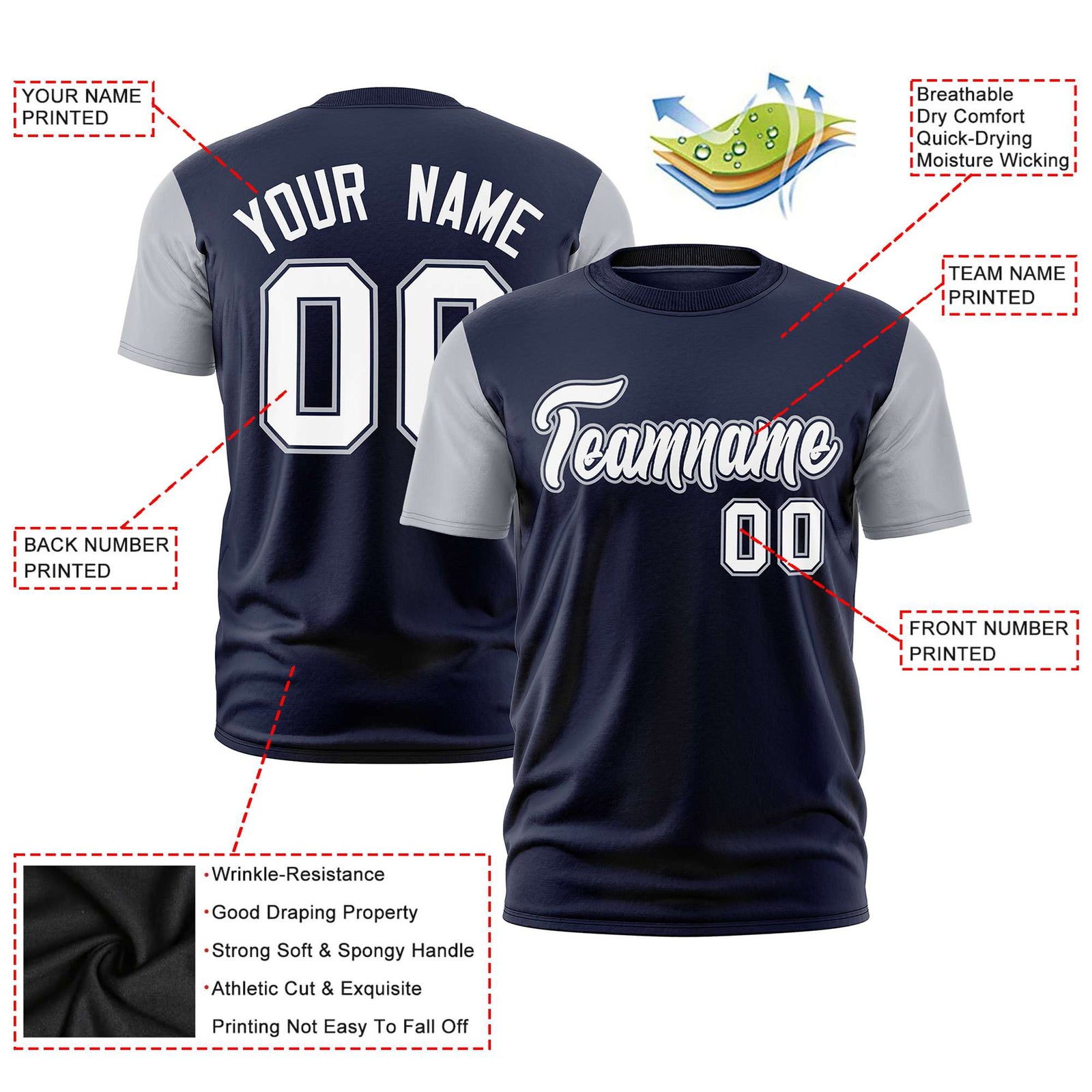 Custom Navy Gray White Crew Neck Personalized Raglan Sleeve Performance T-shirt