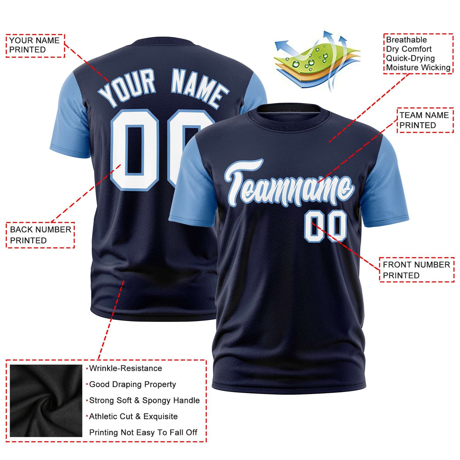 Custom Navy Light Blue White Crew Neck Personalized Raglan Sleeve Performance T-shirt