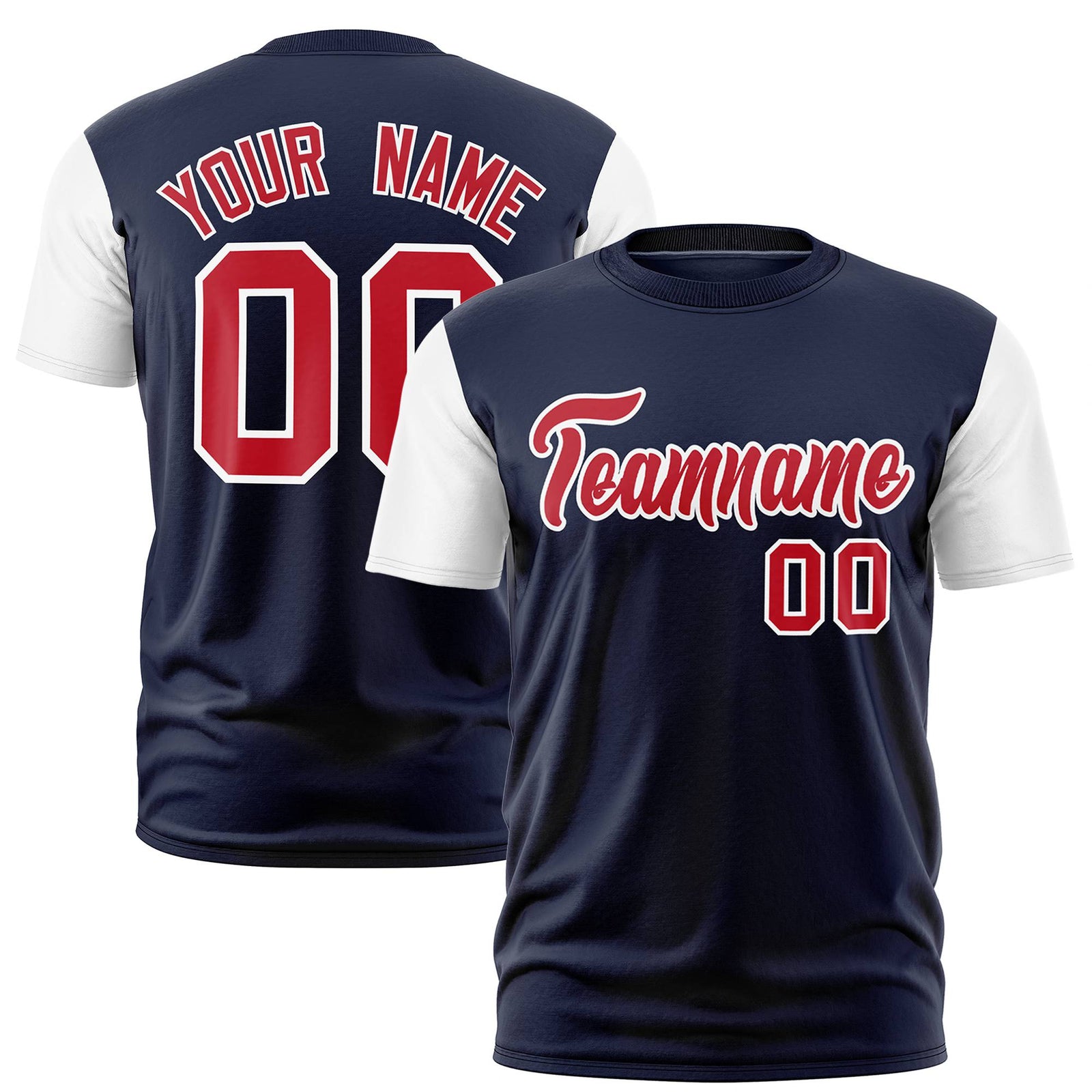 Custom Navy White Red Crew Neck Personalized Raglan Sleeve Performance T-shirt