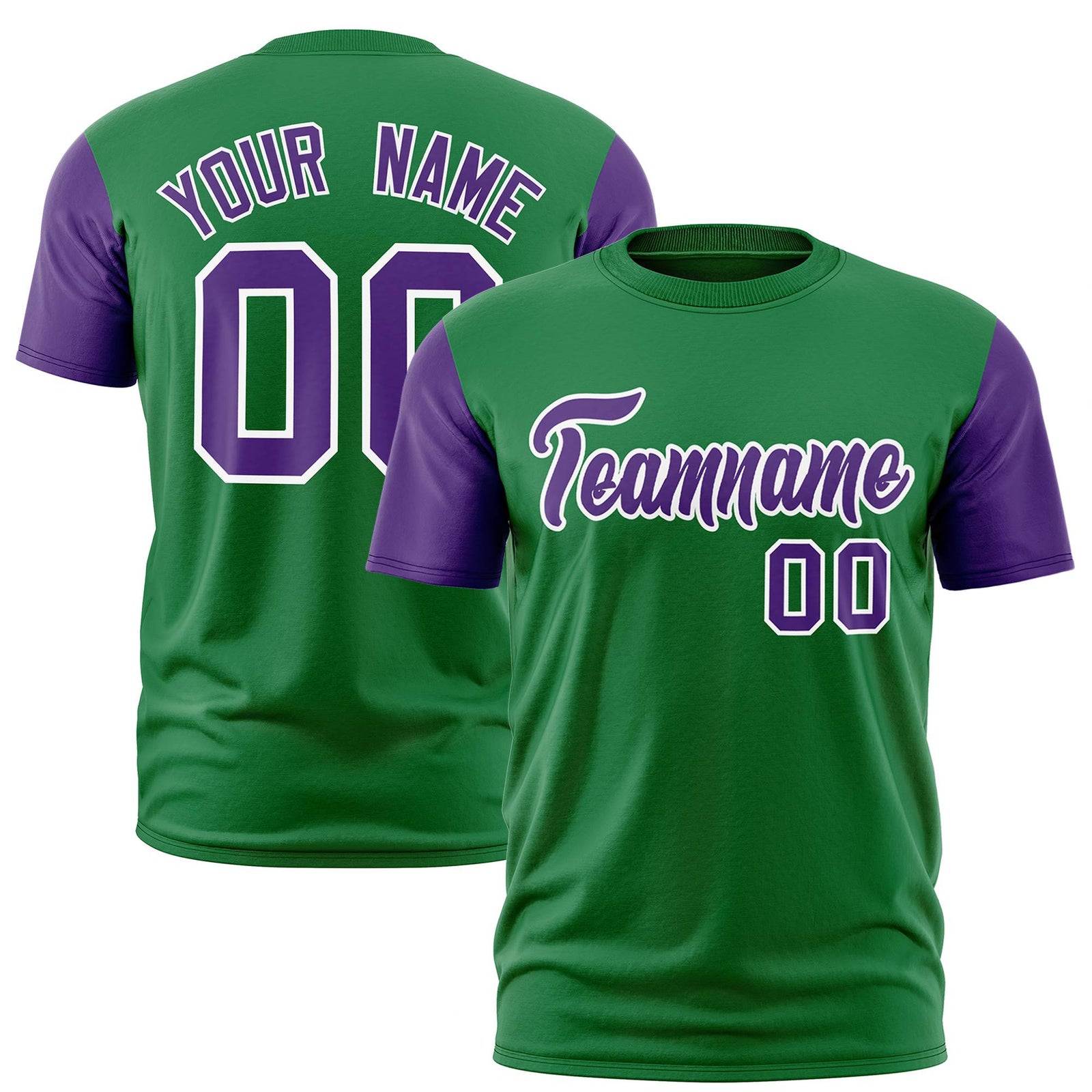 Custom Kelly Green Purple White Crew Neck Personalized Raglan Sleeve Performance T-shirt