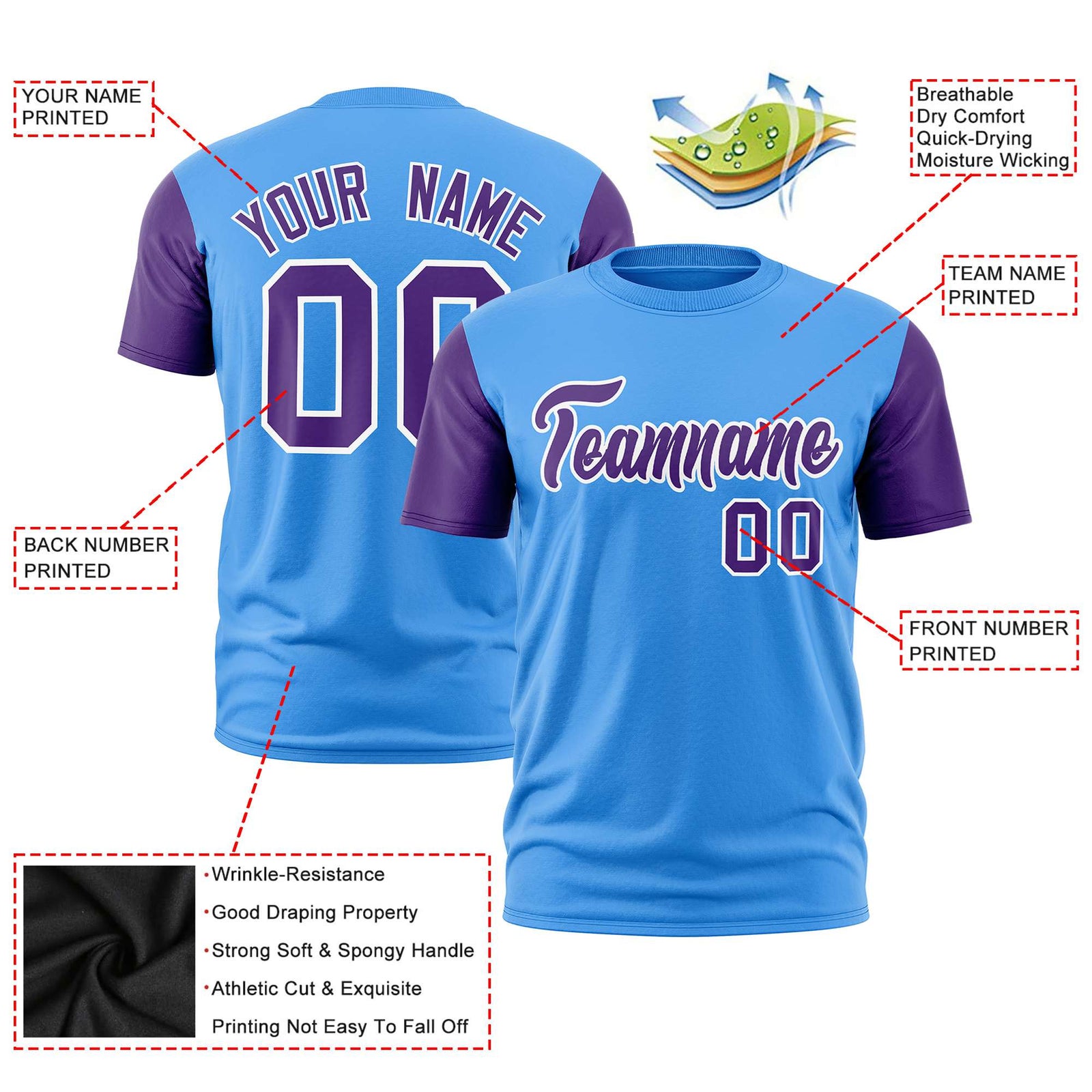 Custom Powder Blue Purple White Crew Neck Personalized Raglan Sleeve Performance T-shirt