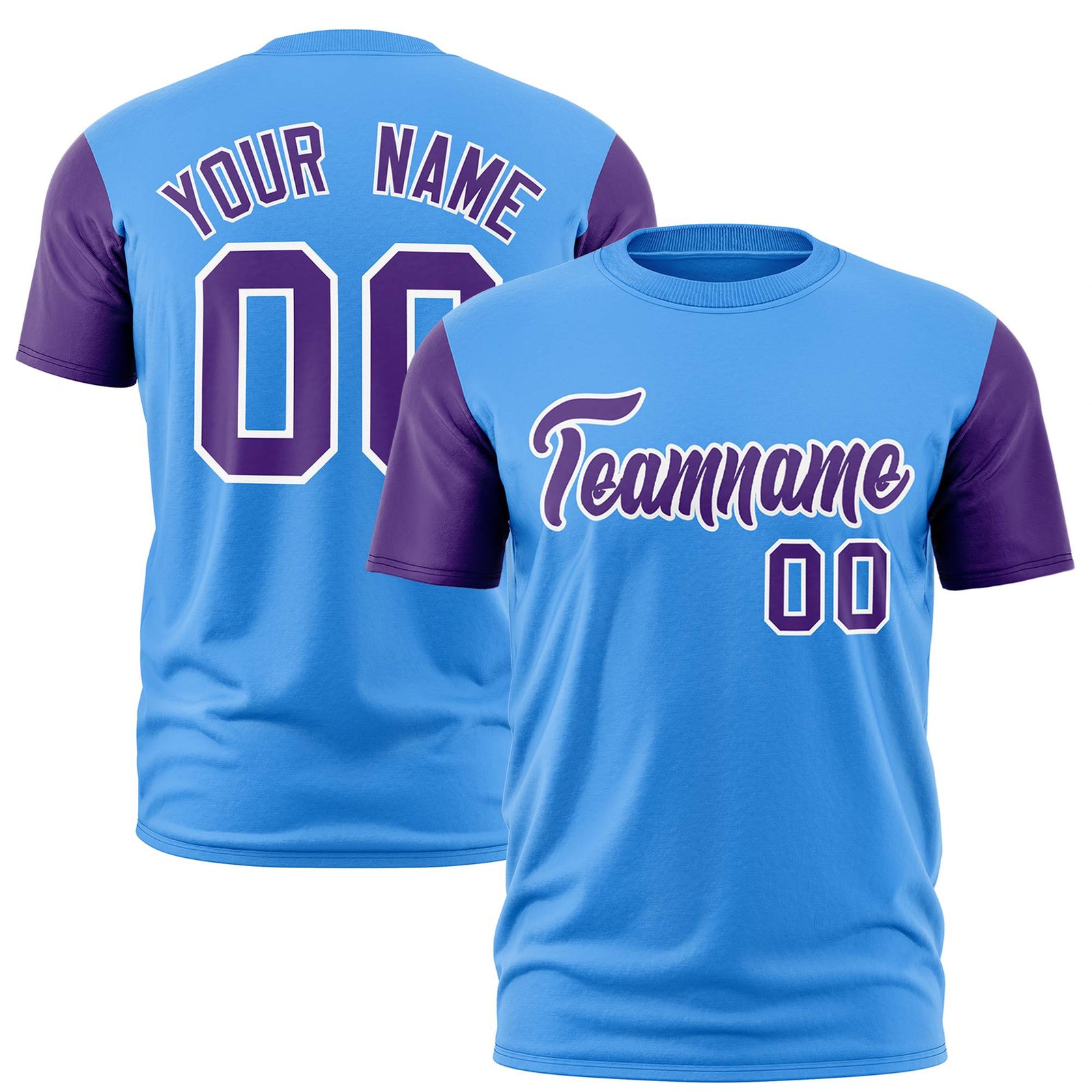 Custom Powder Blue Purple White Crew Neck Personalized Raglan Sleeve Performance T-shirt