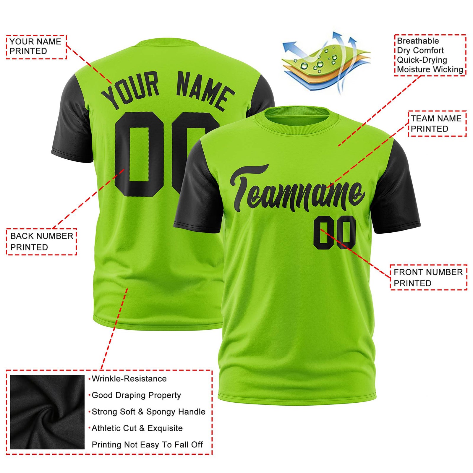 Custom Neon Green Black Crew Neck Personalized Raglan Sleeve Performance T-shirt