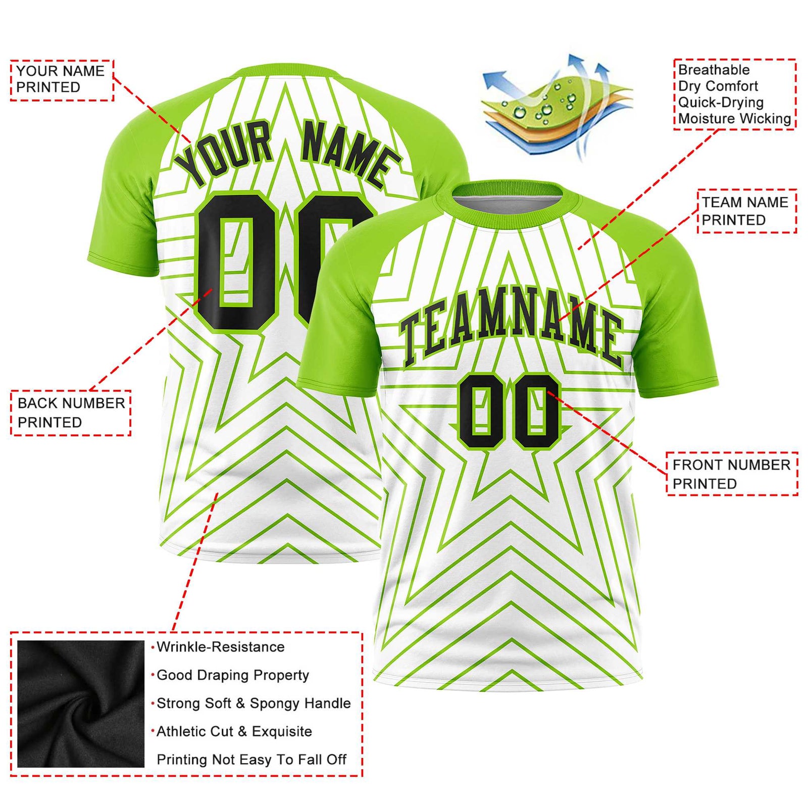 Custom White Neon Green Personalized Star Pattern Raglan Sleeves Performance T-Shirt