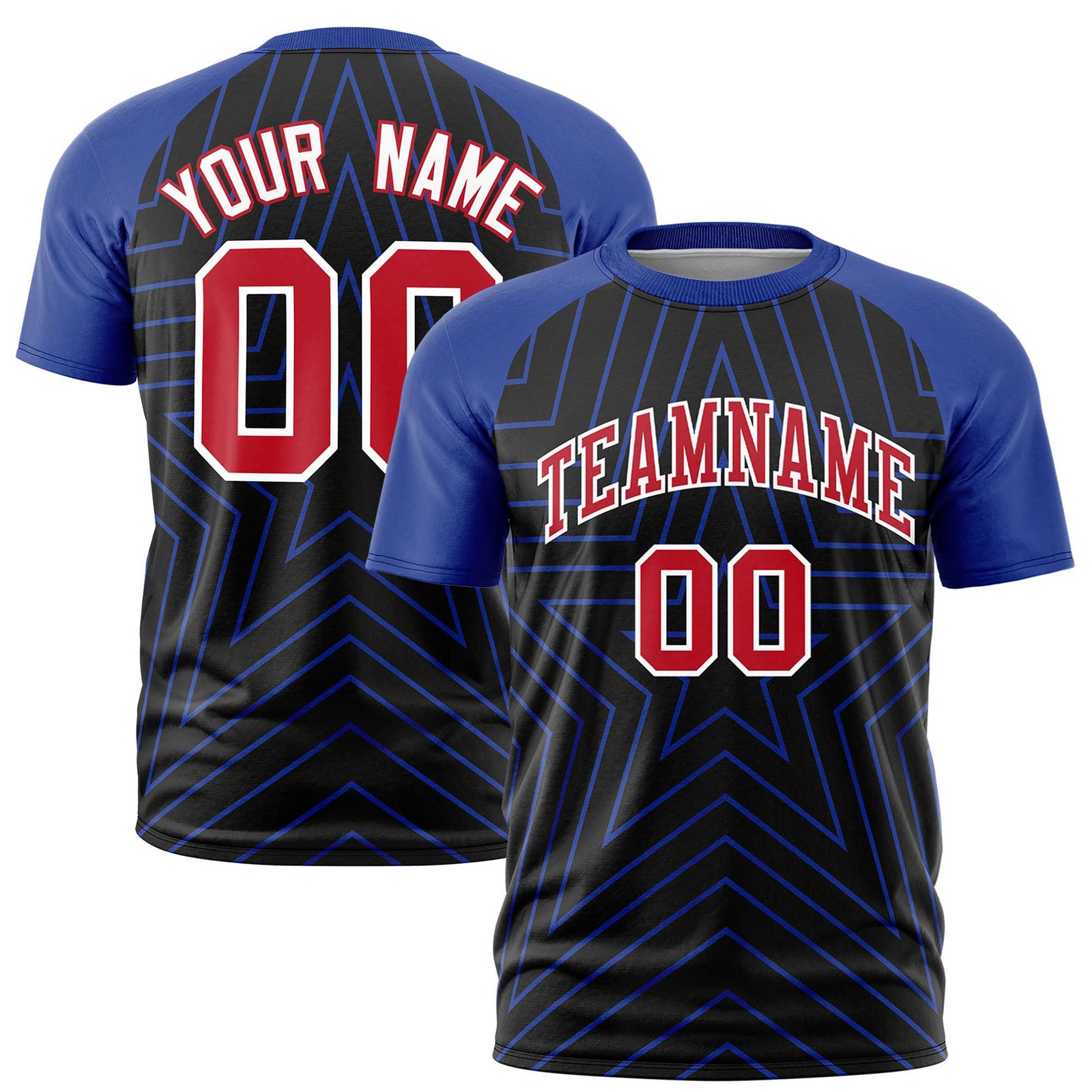 Custom Black Royal Blue Personalized Star Pattern Raglan Sleeves Performance T-Shirt