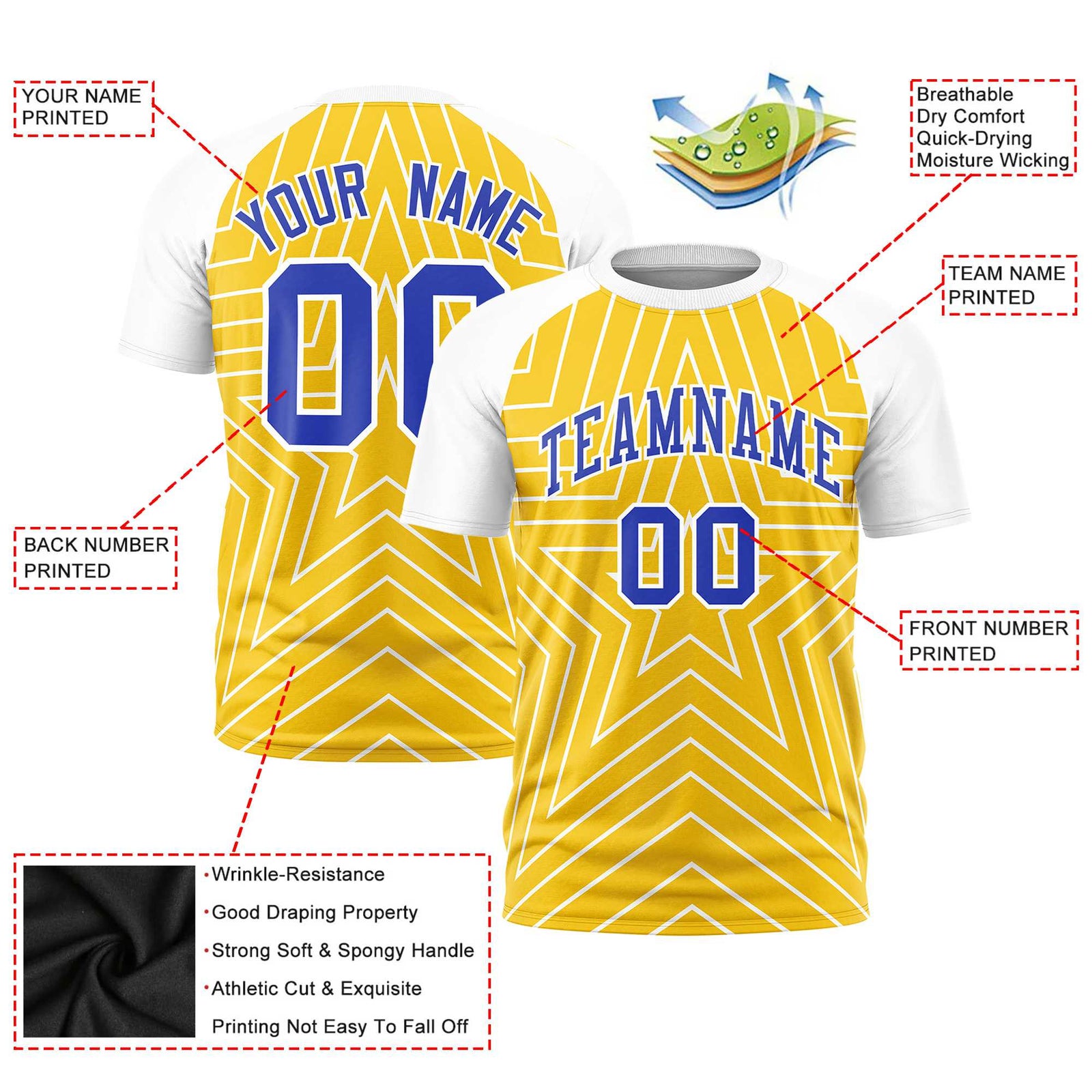 Custom Gold White Personalized Star Pattern Raglan Sleeves Performance T-Shirt