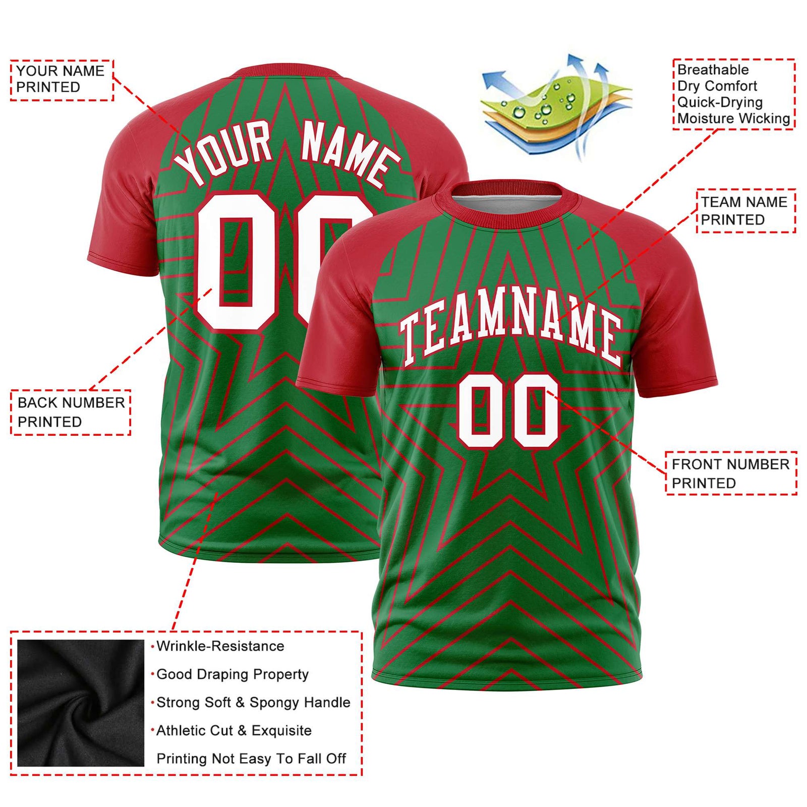 Custom Kelly Green Red Personalized Star Pattern Raglan Sleeves Performance T-Shirt