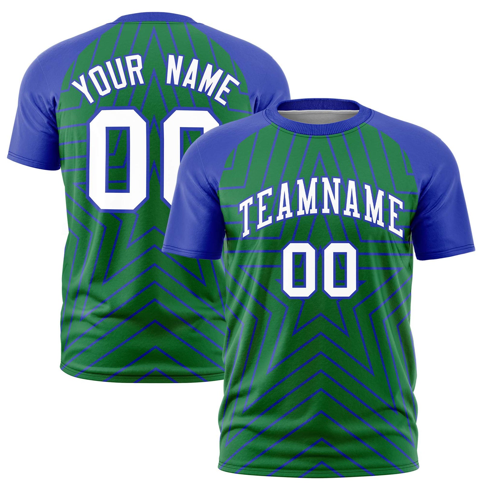 Custom Kelly Green Royal Blue Personalized Star Pattern Raglan Sleeves Performance T-Shirt