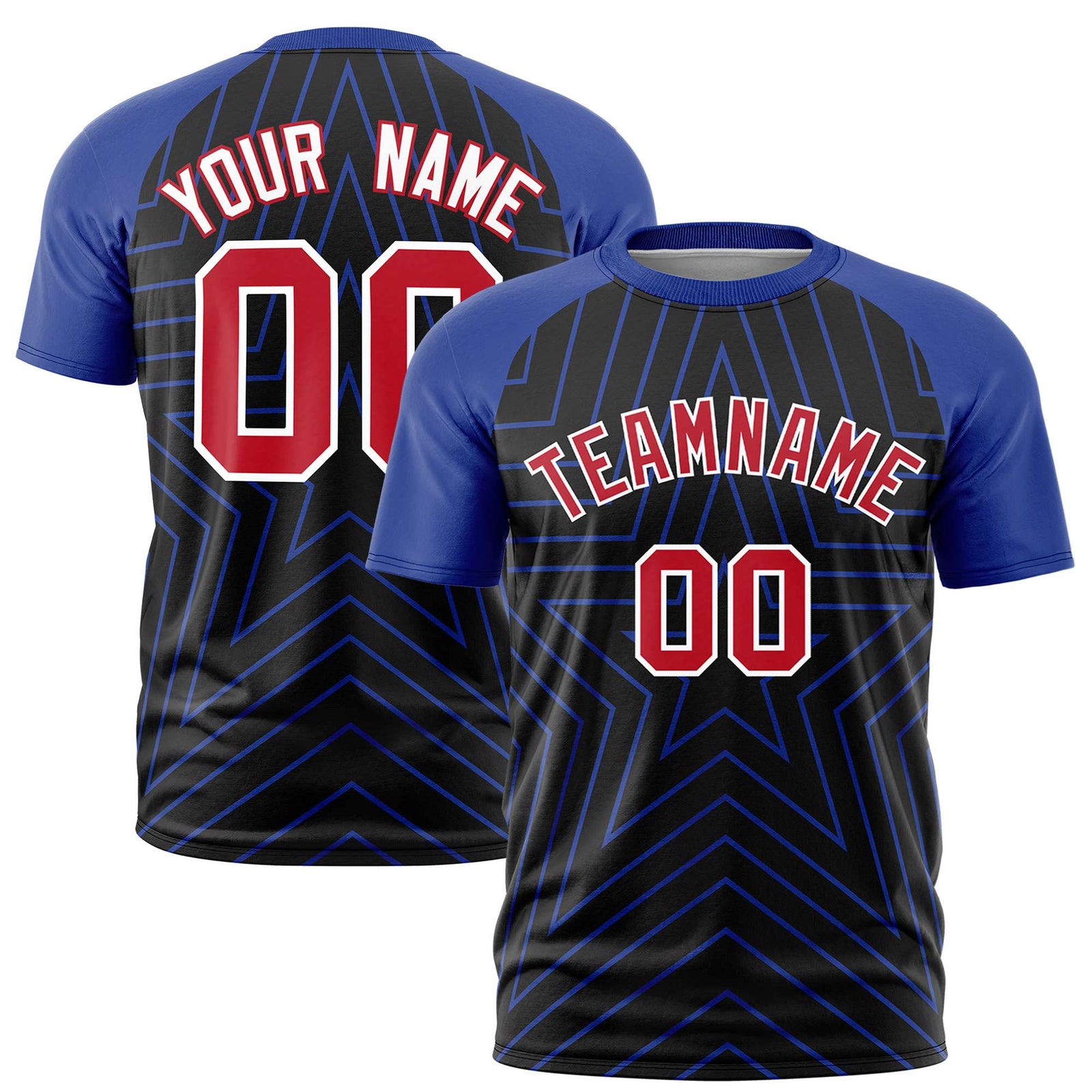 Custom Black Royal Blue Personalized Star Pattern Raglan Sleeves Performance T-Shirt