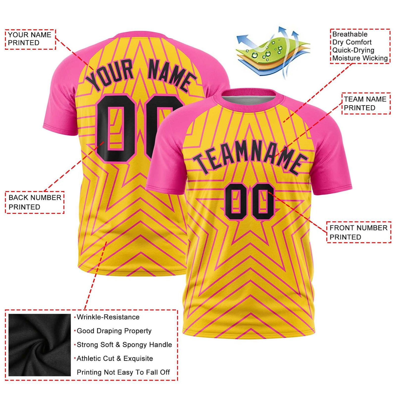 Custom Gold Pink Personalized Star Pattern Raglan Sleeves Performance T-Shirt